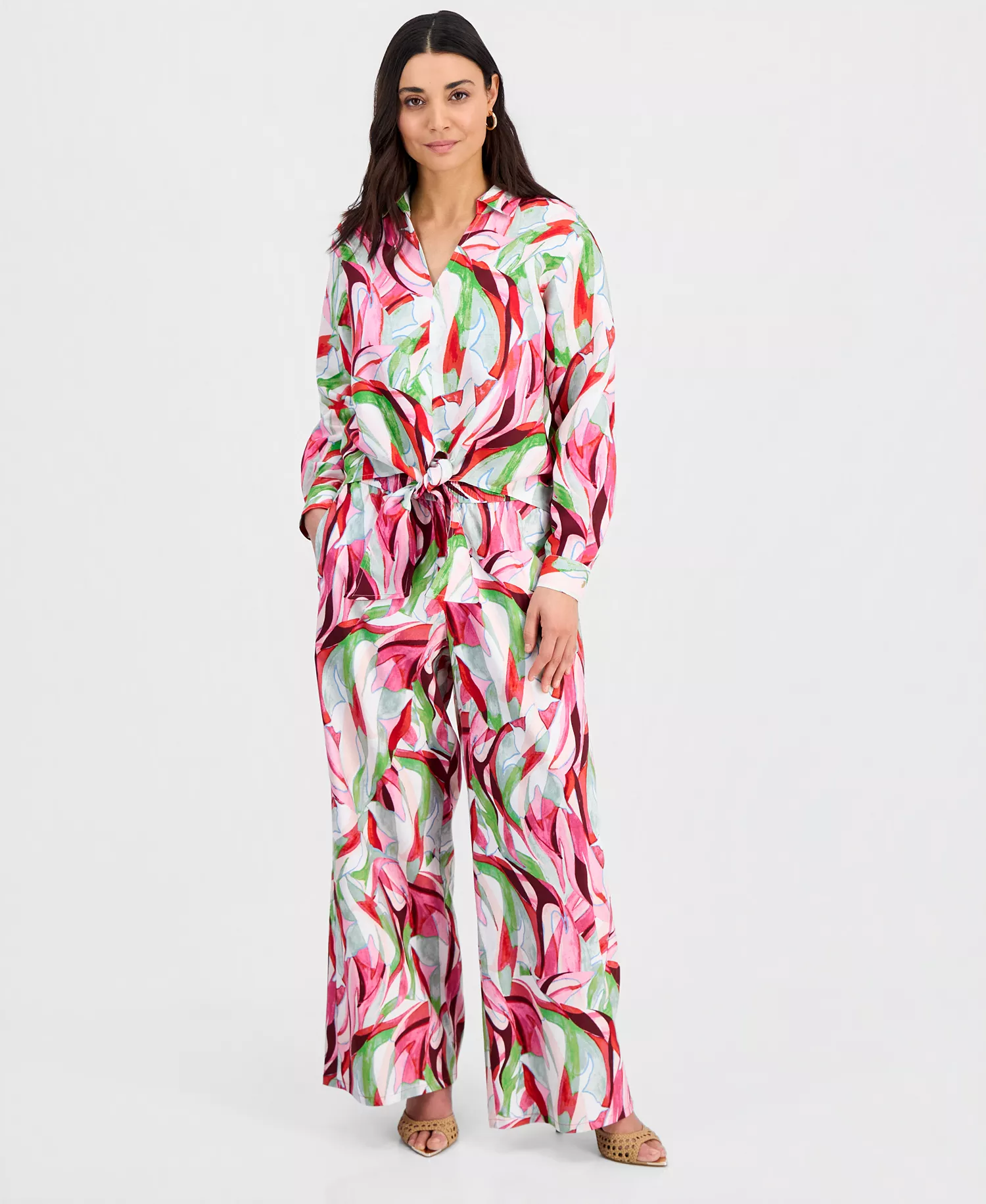 Petite Printed Long-Sleeve Tie-Front Blouse, Created for Macy's - Casey Abstract - P/L