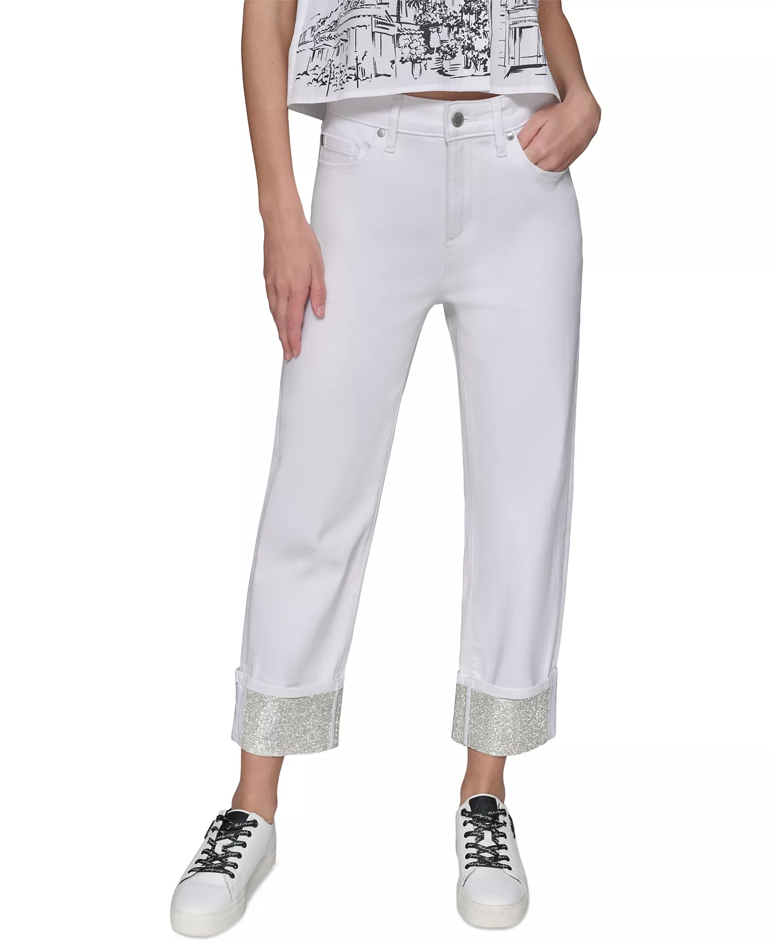 Women's Crystal-Cuff Jeans - White Denim - 0
