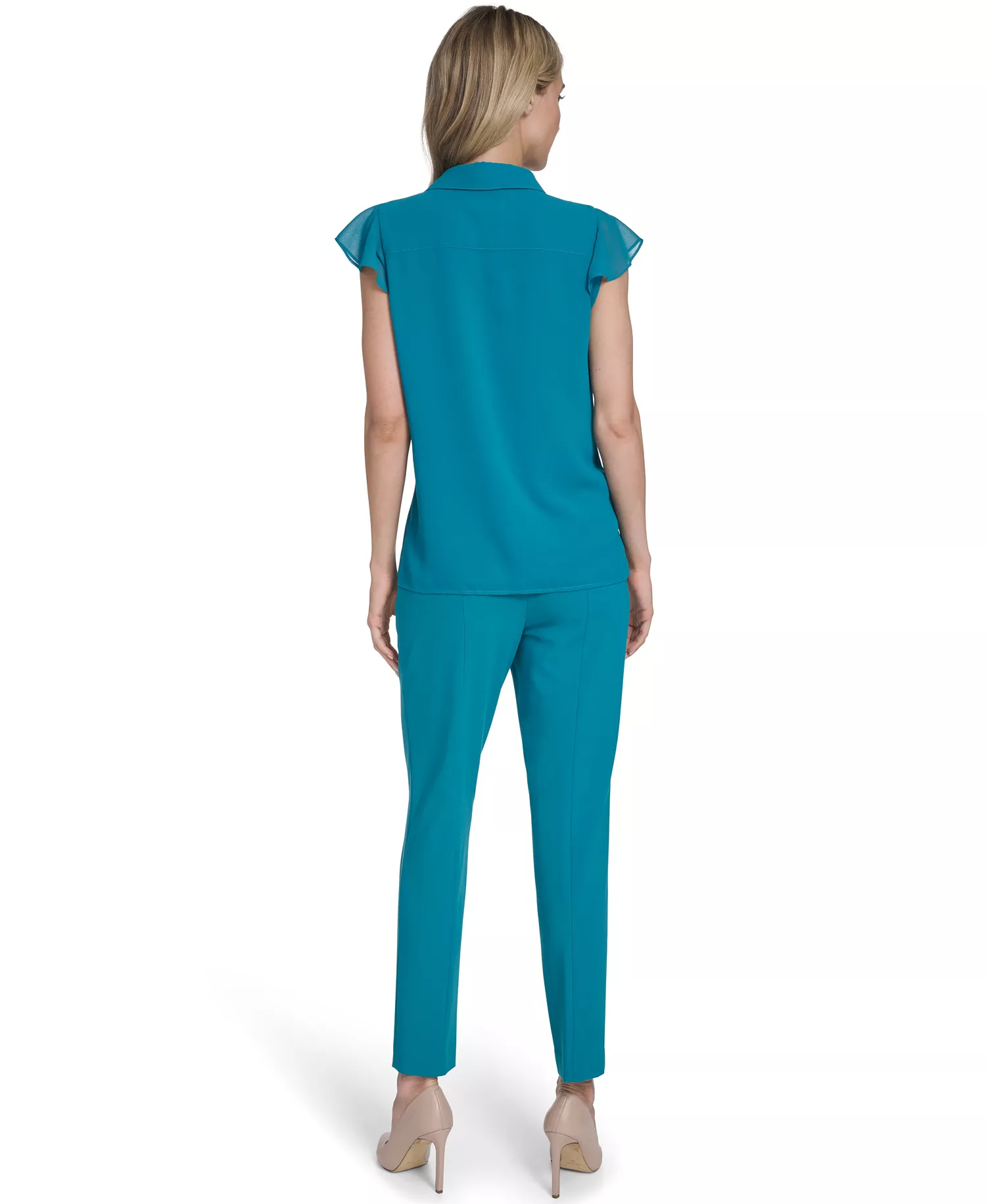 Petite Short-Sleeve Ruffle Top - Petrol - P/L