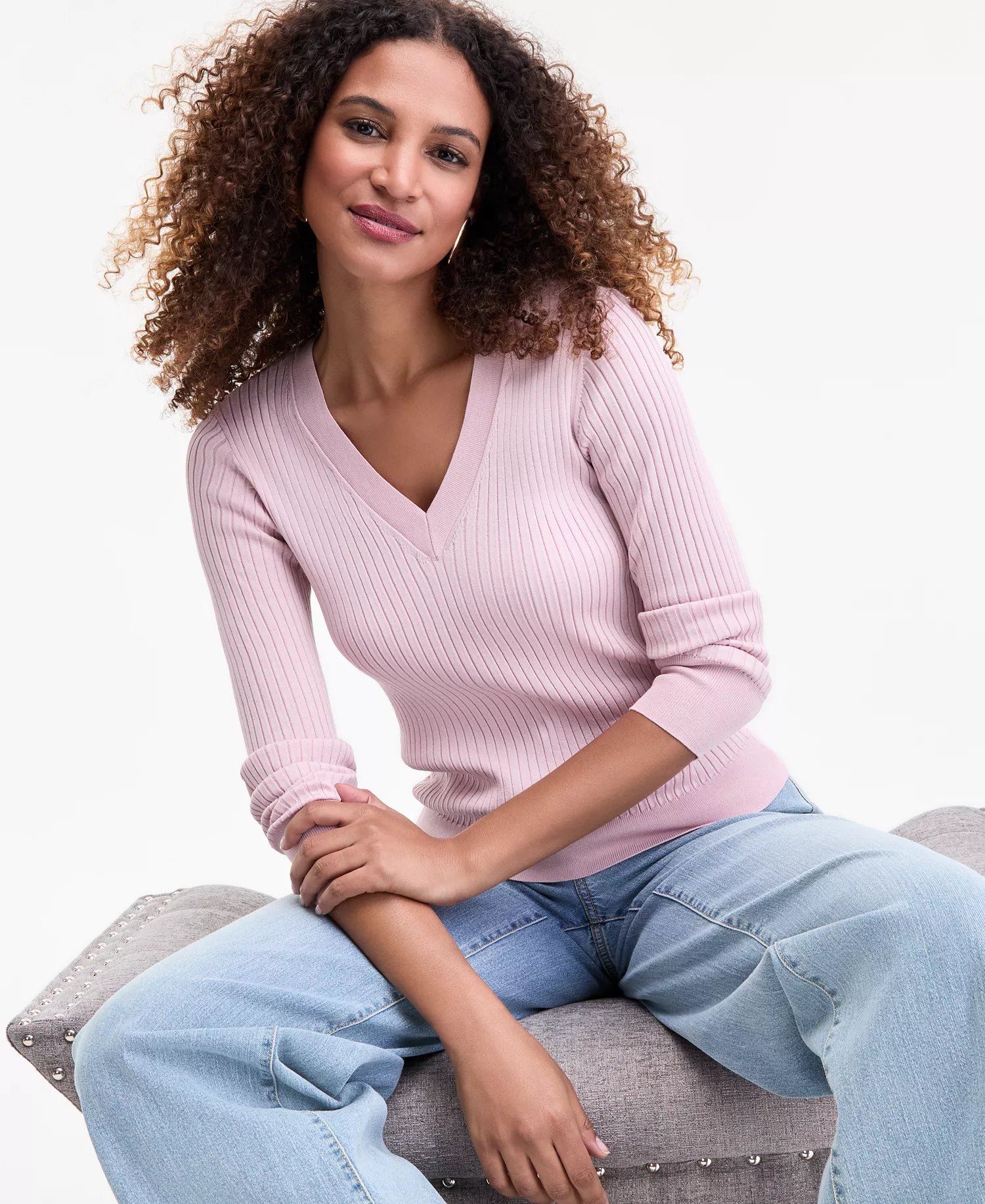 Women's Ribbed V-Neck Sweater, Macy's Exclusive - Pale Mauve - S