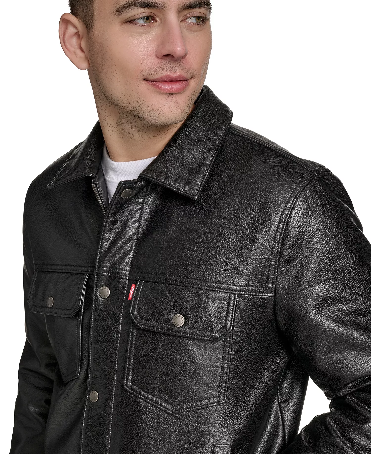 Men's Faux Leather Trucker Jacket - Black - 2XL