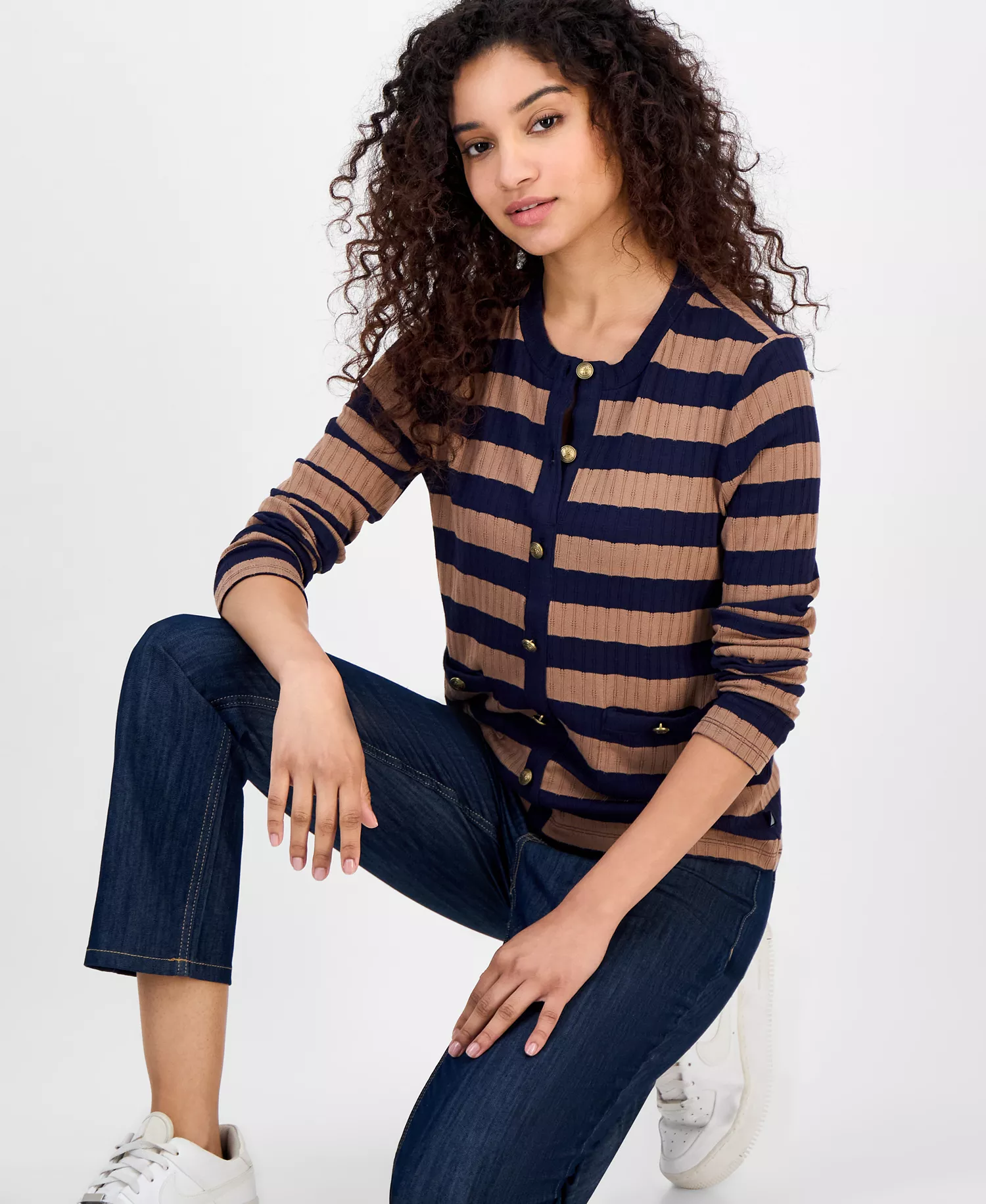 Nautica Women’s Striped Faux Knit Cardigan  - Barley Multi - S