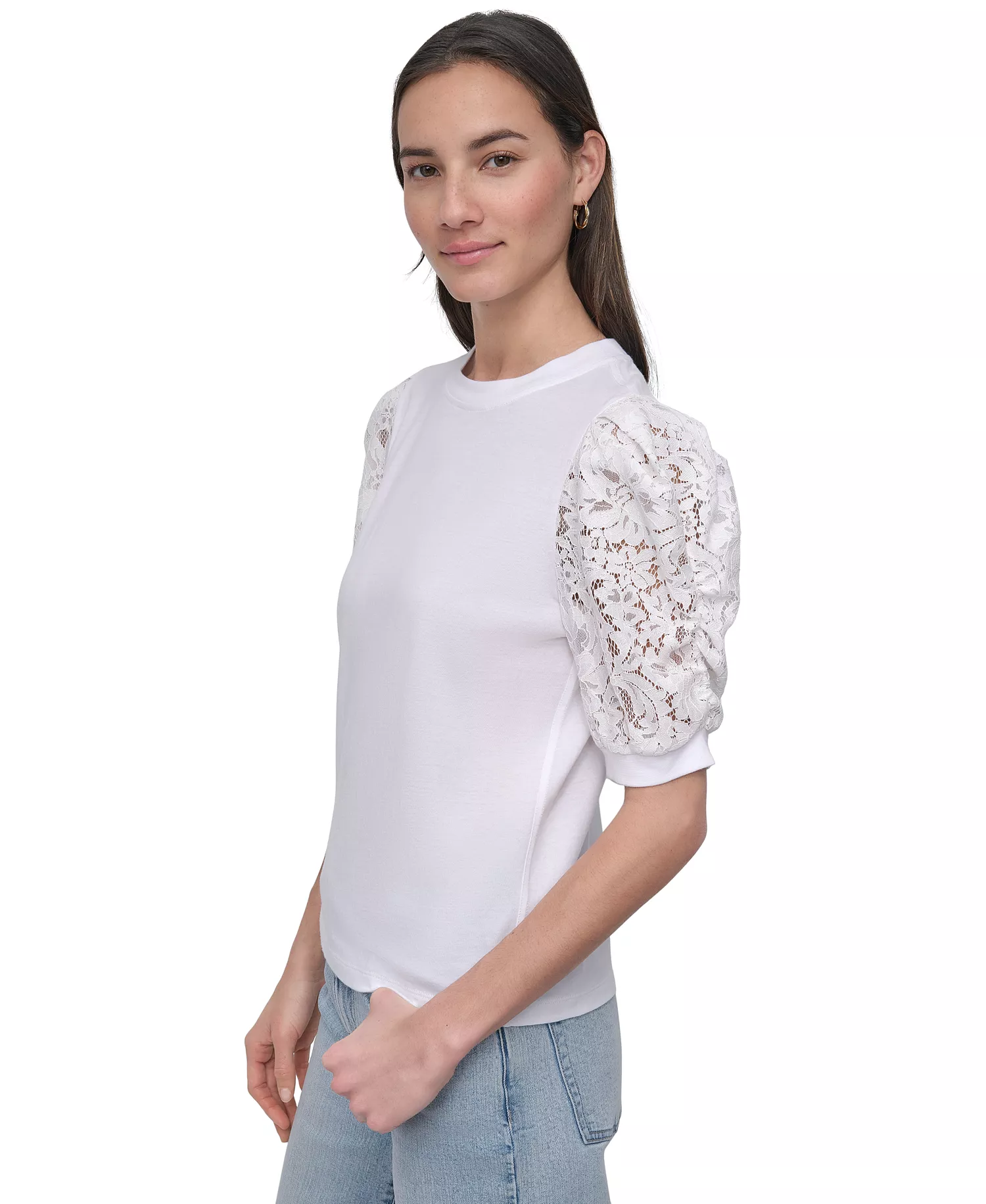 Women's Mixed Media Lace-Sleeve Top - IVY - IVORY - L