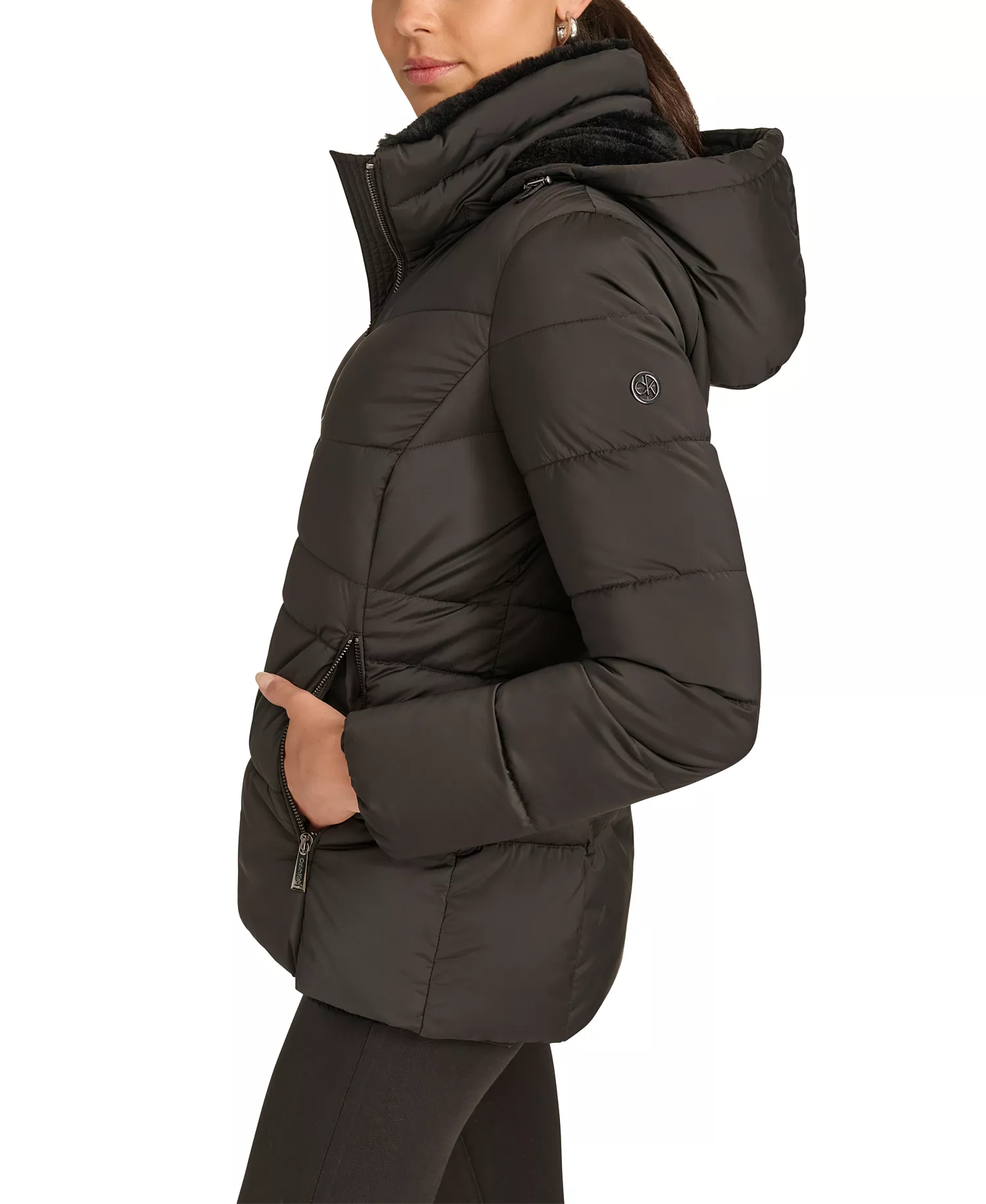 Women's Faux-Fur-Lined Hooded Puffer Coat - Black - L