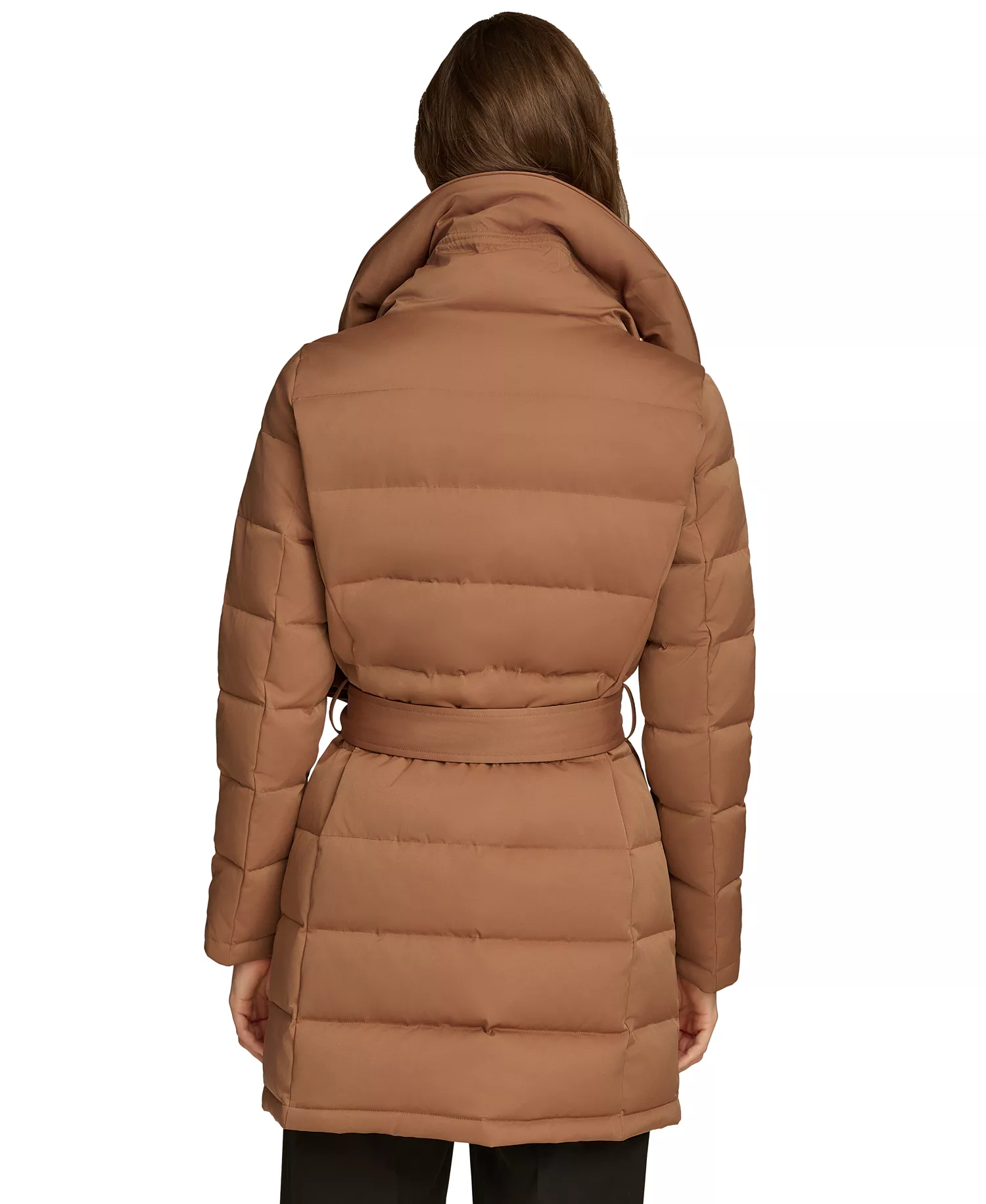 Women's Belted Asymmetric Puffer Coat - Antique Gold - L