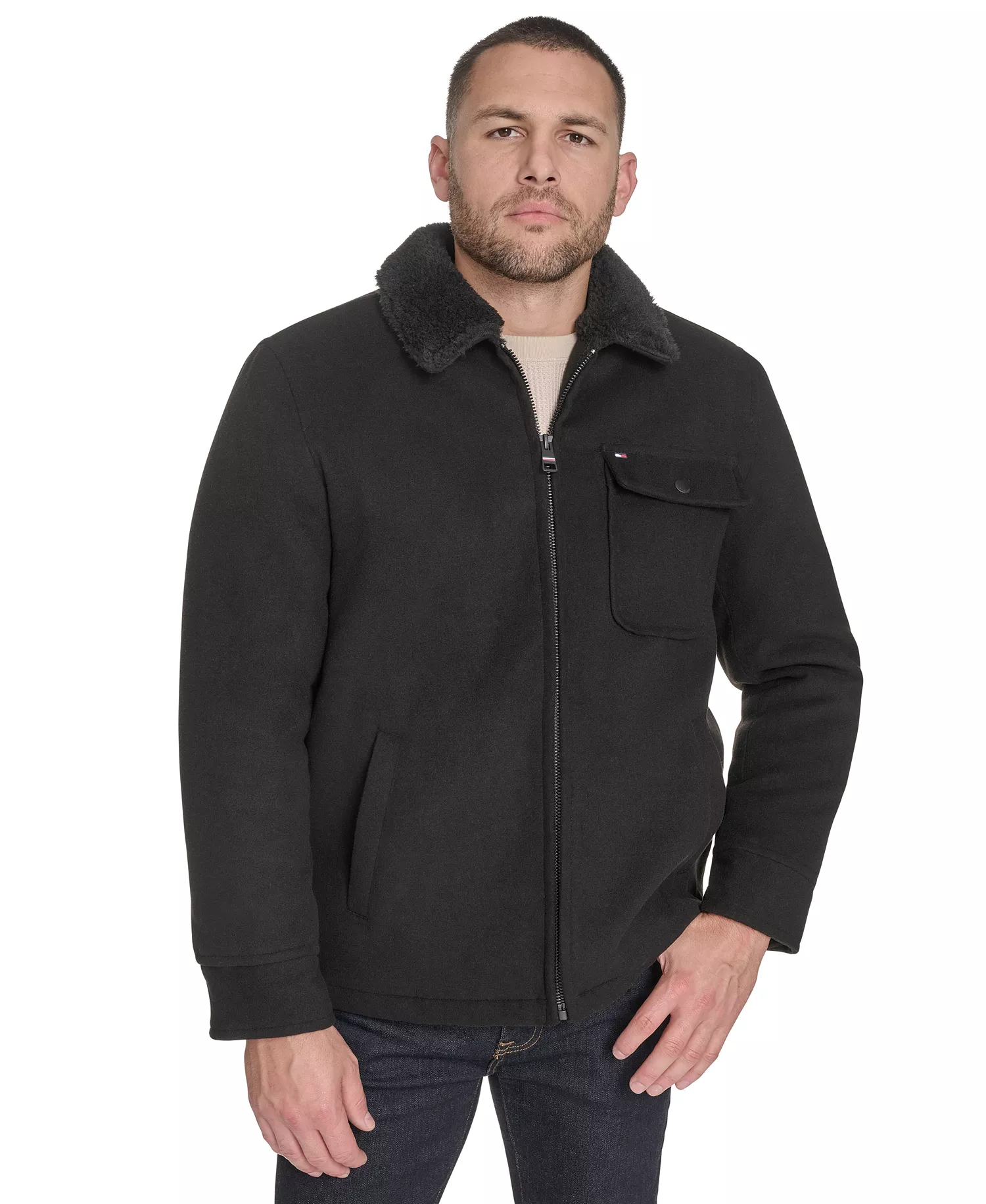 Men's Wool Blend Jacket with Sherpa Collar - Black - 2XL