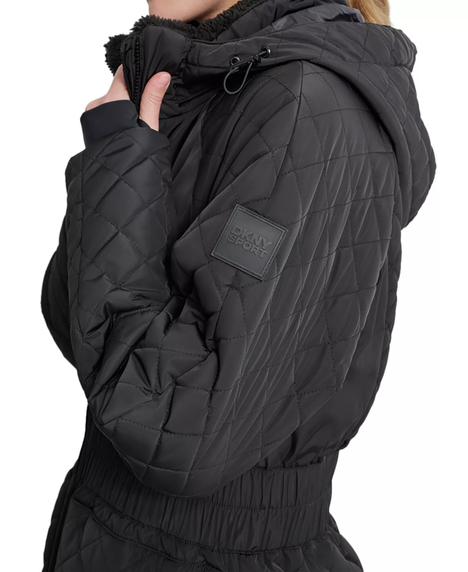 Women's Quilted Elastic-Waist Hooded Zipper Jacket - Black - L