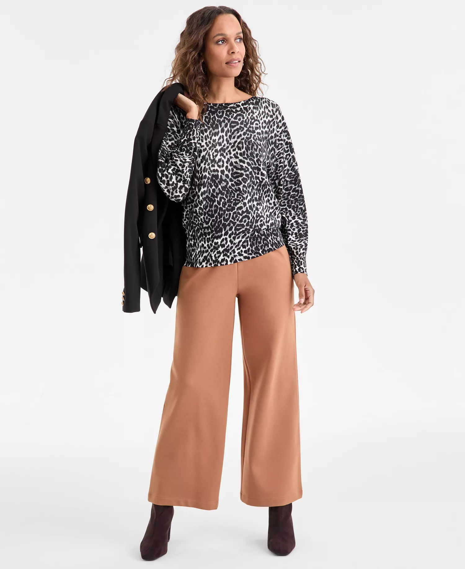 Petite Lightweight Boat-Neck Sweater, Macy's Exclusive - Caesy Cheetah Black - P/M