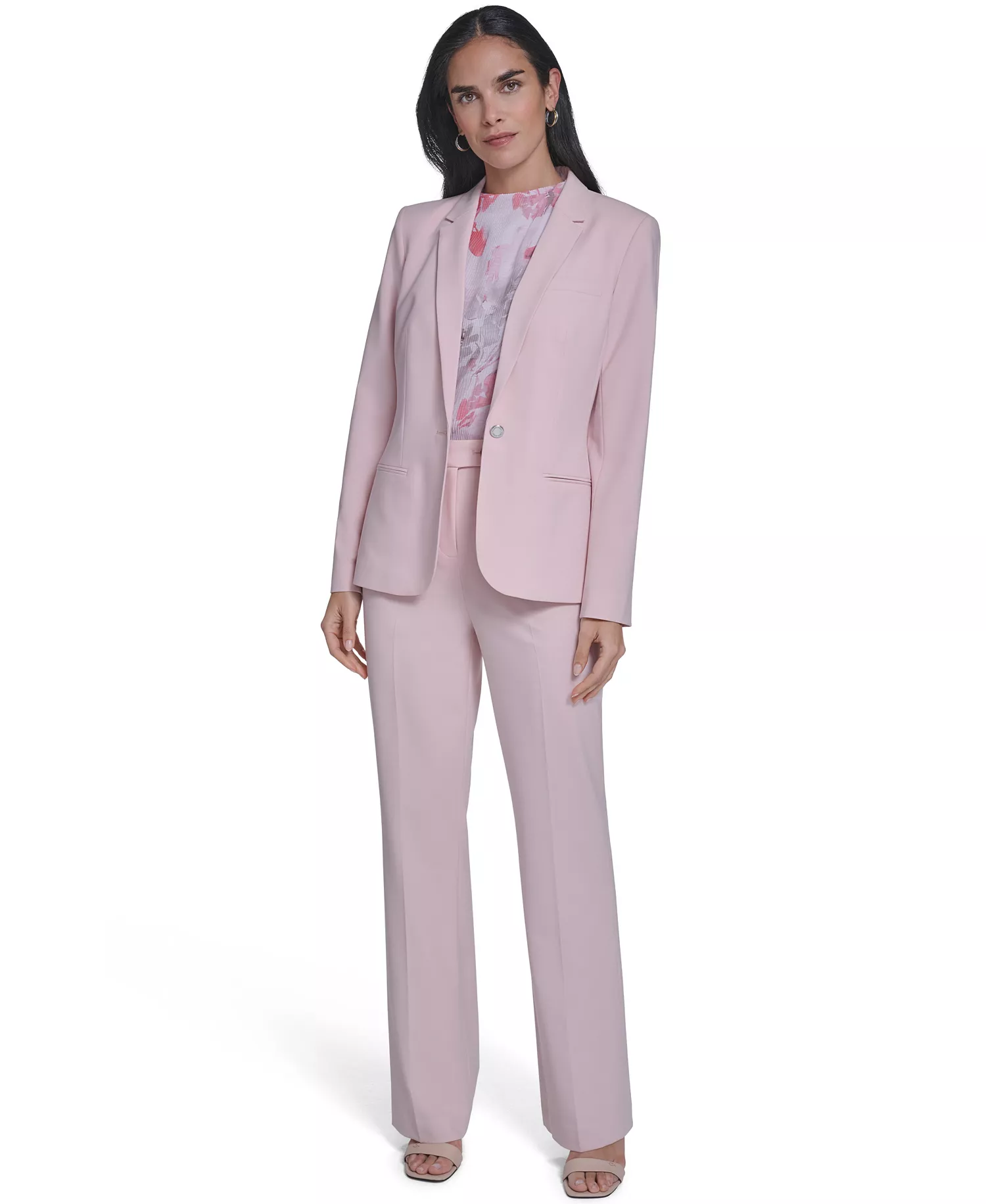 Calvin Klein Petite One-Button Blazer and Modern Straight Leg Pants - Latte/Petal Pink - 10P