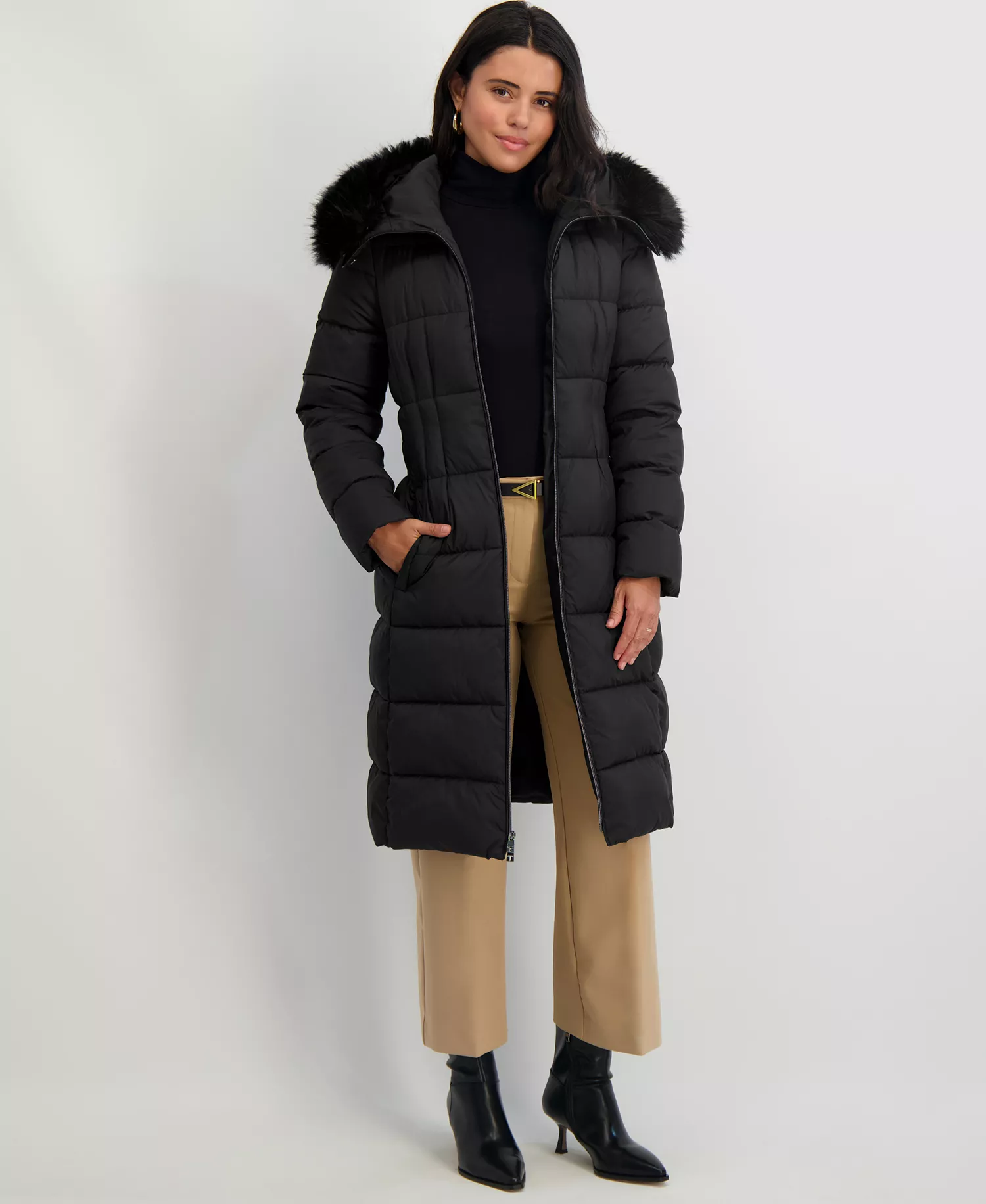Women's Faux-Fur-Trim Hooded Belted Puffer Coat - Black - L