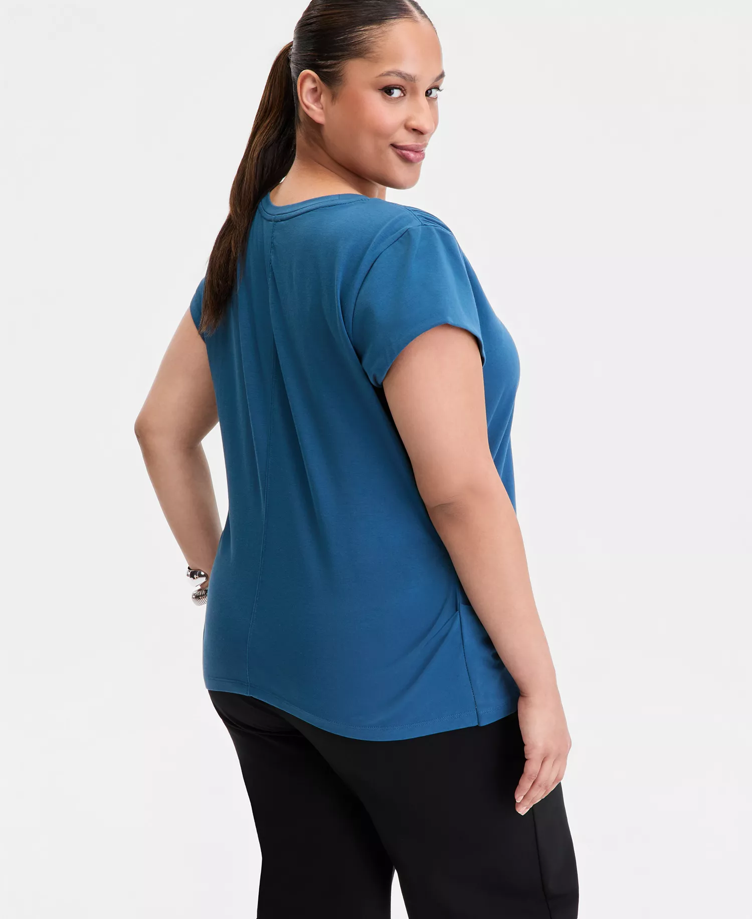Plus Size V-Neck Pleated-Side T-Shirt, Macy's Exclusive  - Blazing Navy - 0X