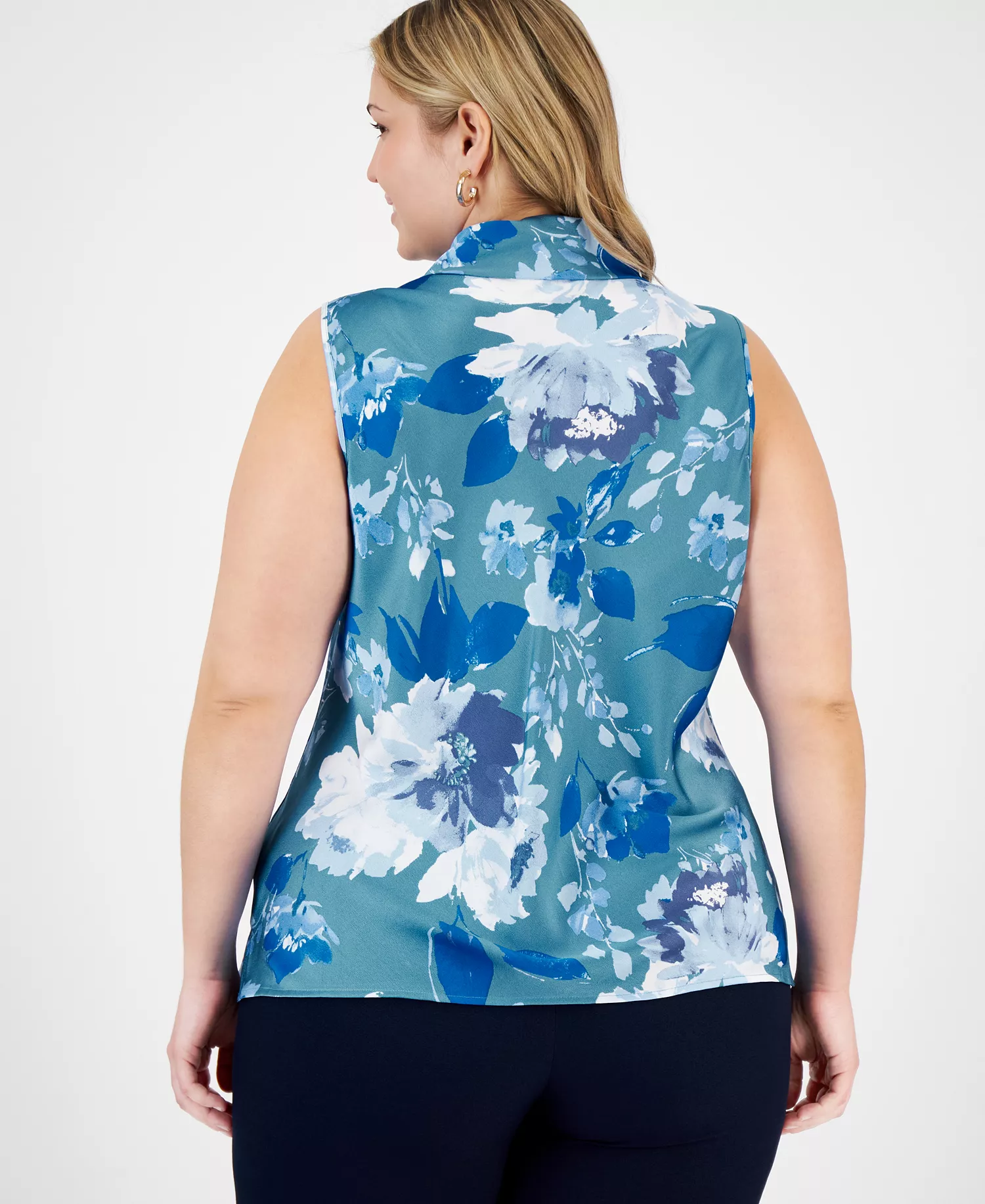 Plus Size Long-Sleeve One-Button Blazer, Sailor Tie-Neck Blouse & Mid-Rise Wide-Leg Pants - Teal Blue - 1X