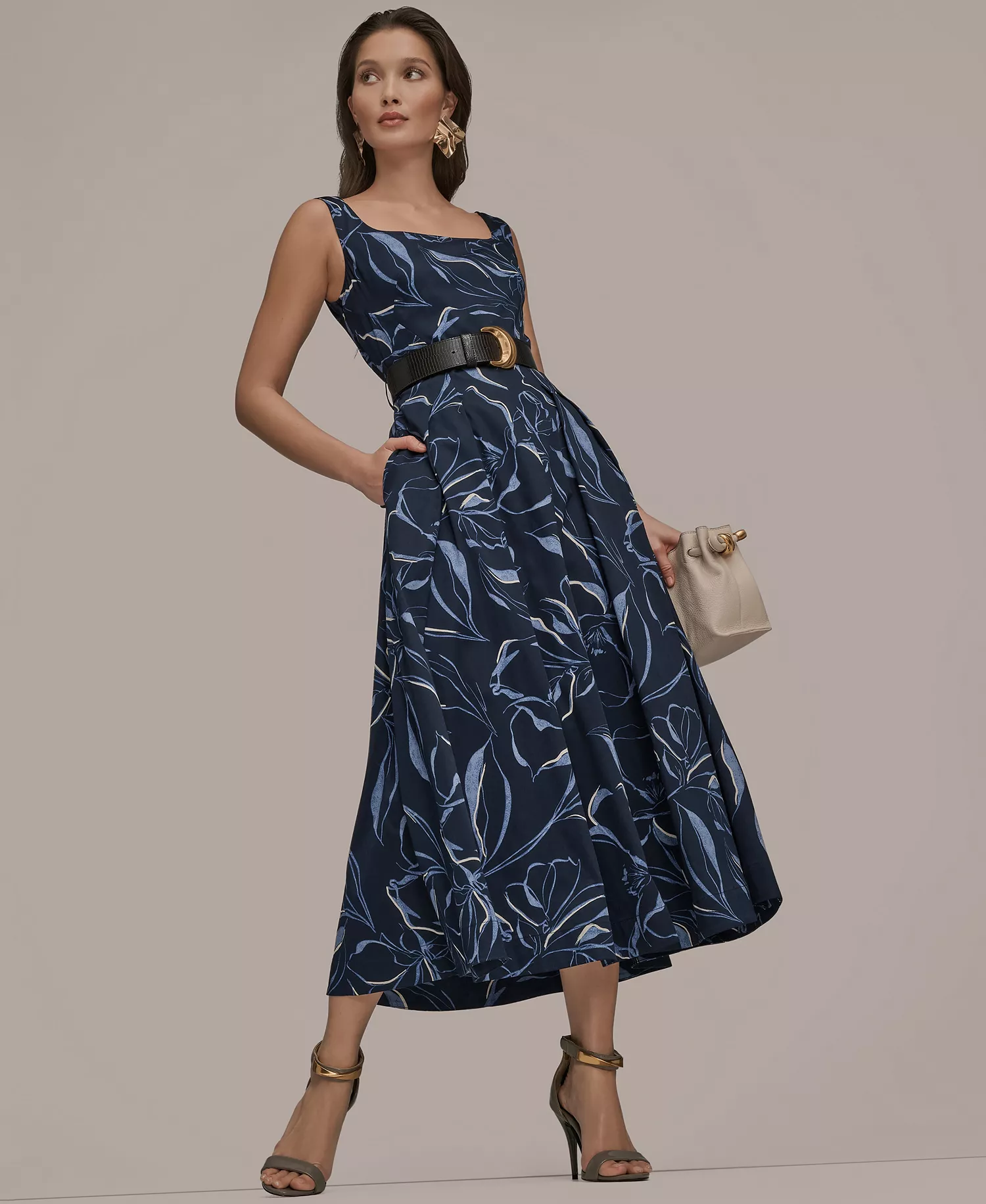 Women's Square Neck Belted A-Line Dress - Nightfall - 10