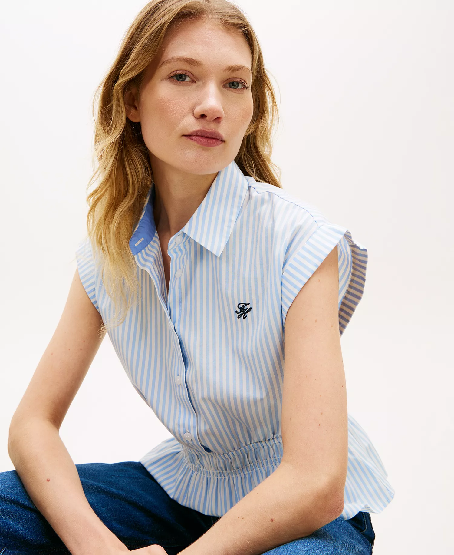 Women's Smocked Waist Shirt - Banker Stripe Vessel Blue / White - L