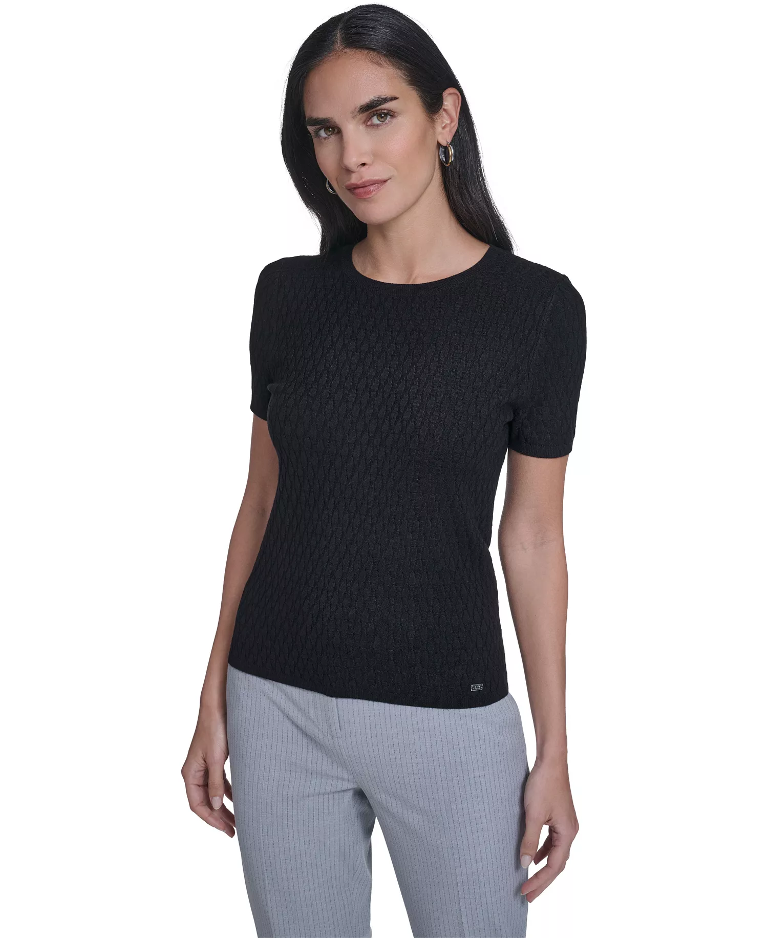 Women's Short-Sleeve Textured Sweater - Black - L