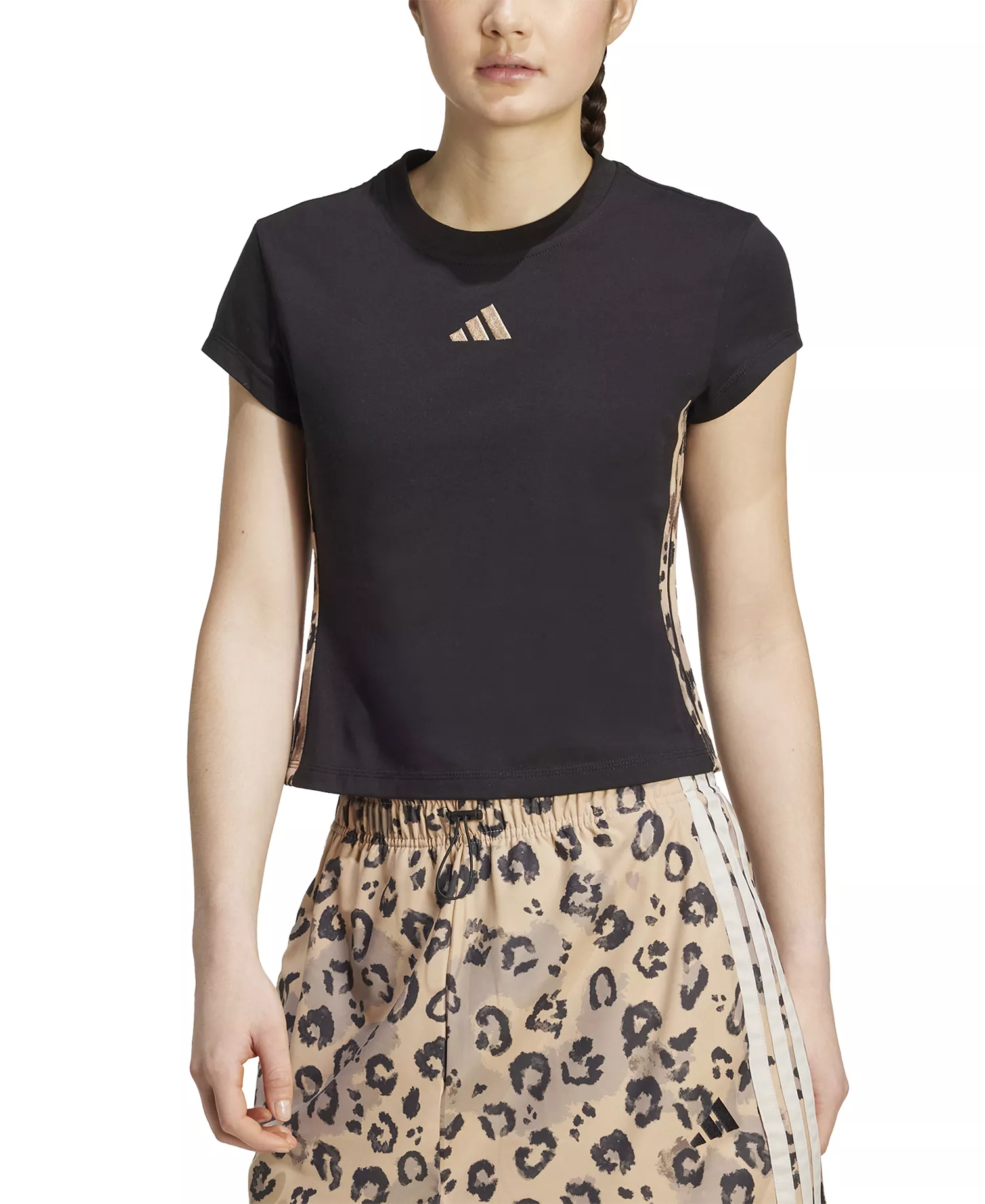 Women's Leopard-Print Trim Slim-Fit T-Shirt - Black/multicolor/warm Sandstone - L