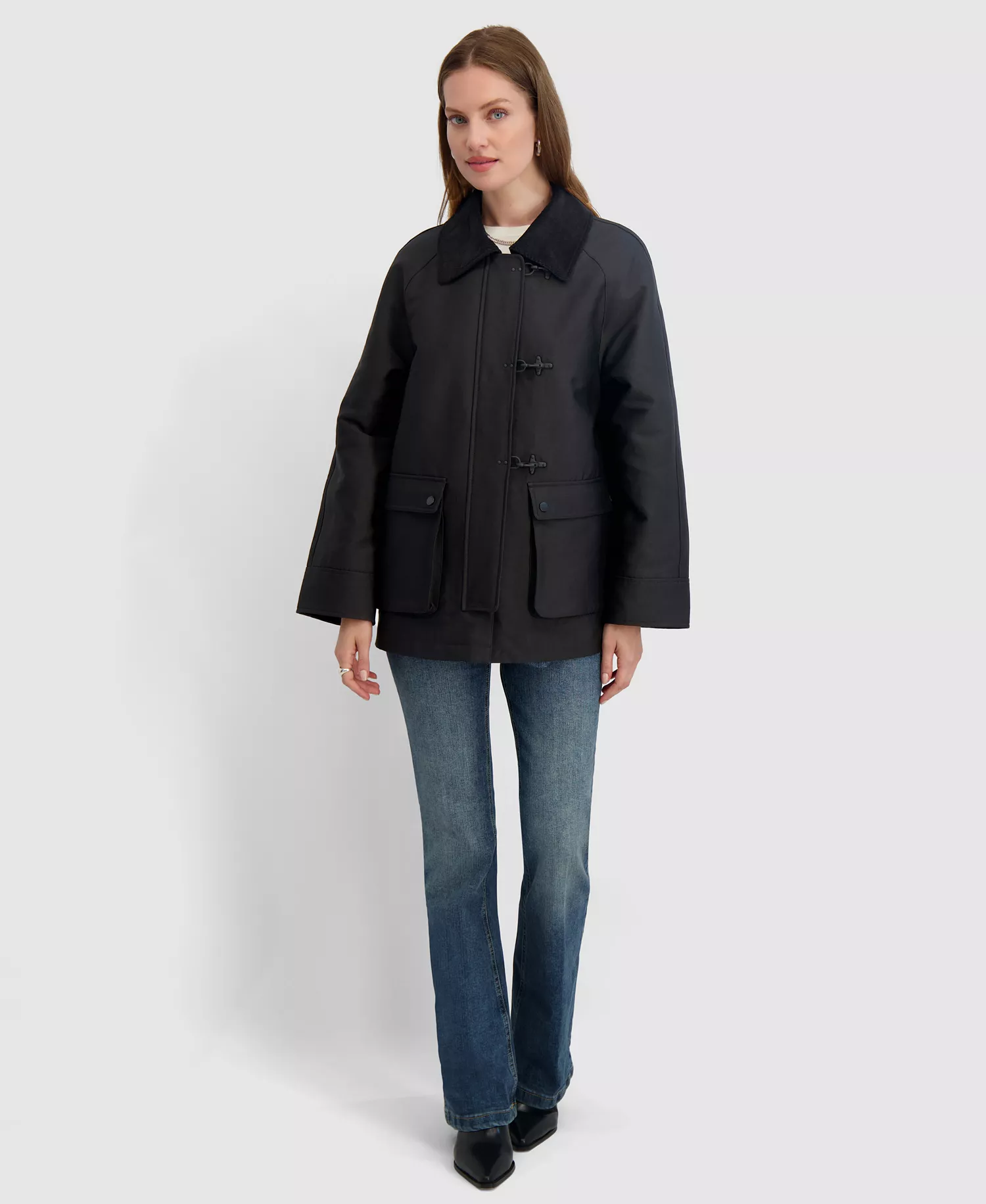 Women's Collared Canvas Barn Jacket - Black - L
