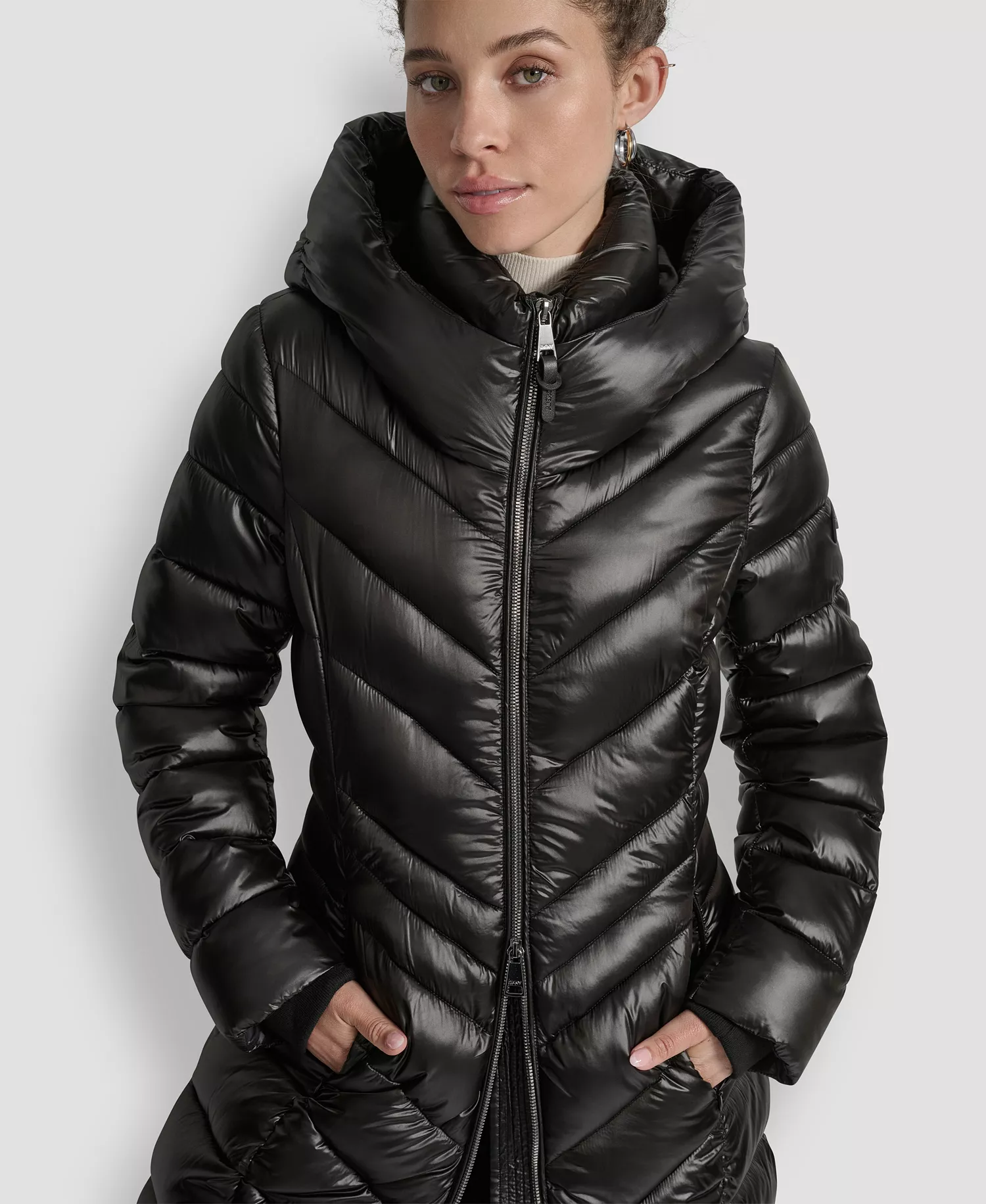 Women's Full-Zip Front Quilted Puffer Coat - Black - L