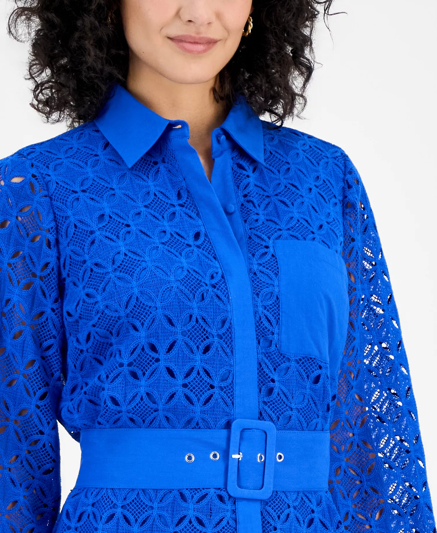 Women's Cotton Belted Lace Midi Dress - Blue Combo - 10