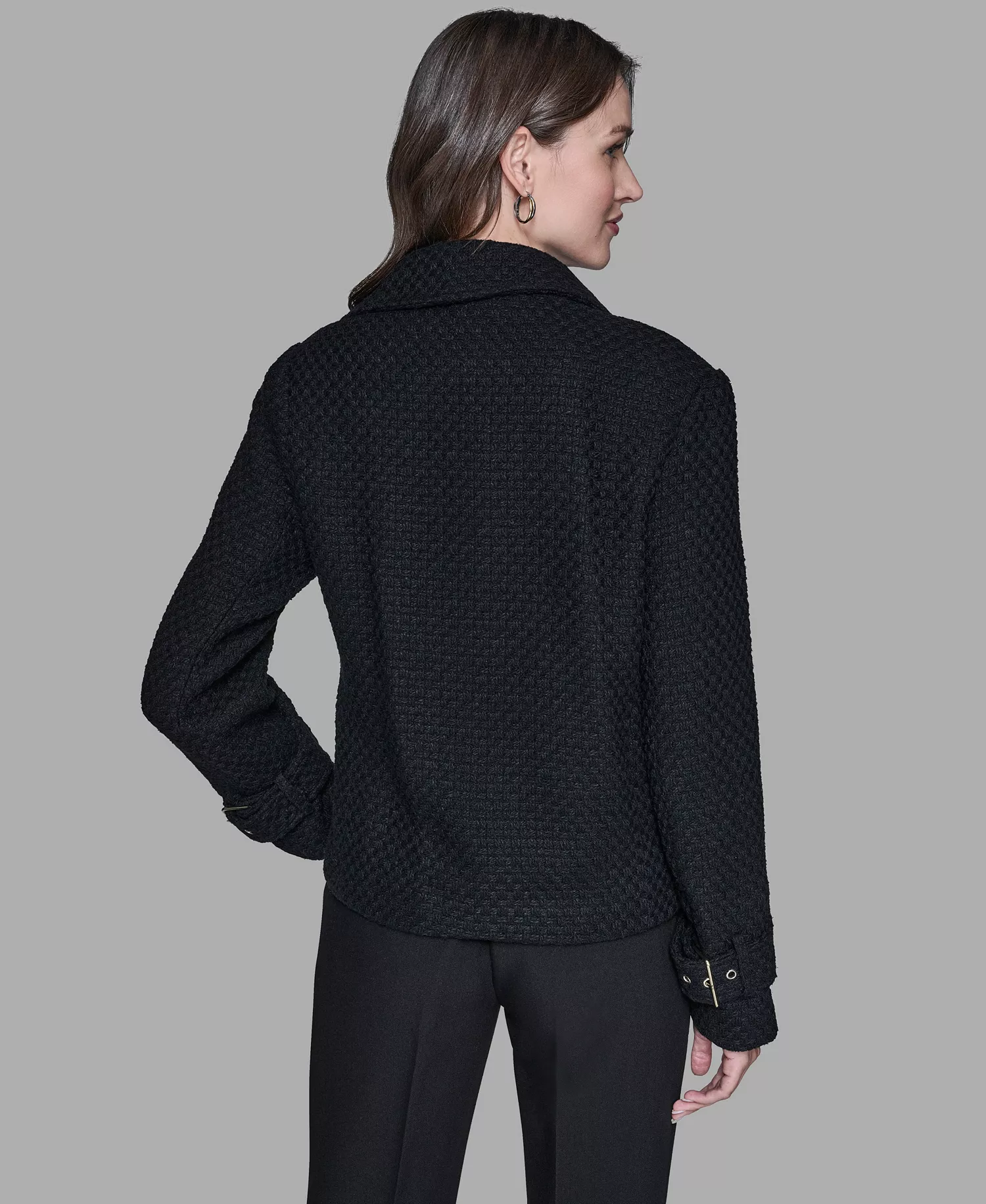 Women's Exposed Zipper Tweed Moto Jacket - Black - L