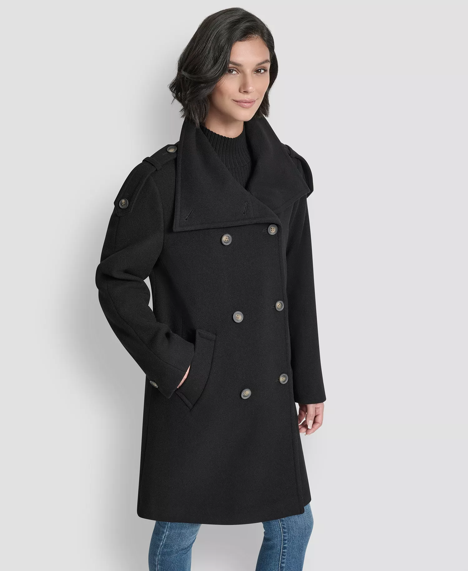Women's Double-Breasted Funnel Neck Military Coat - Black - L