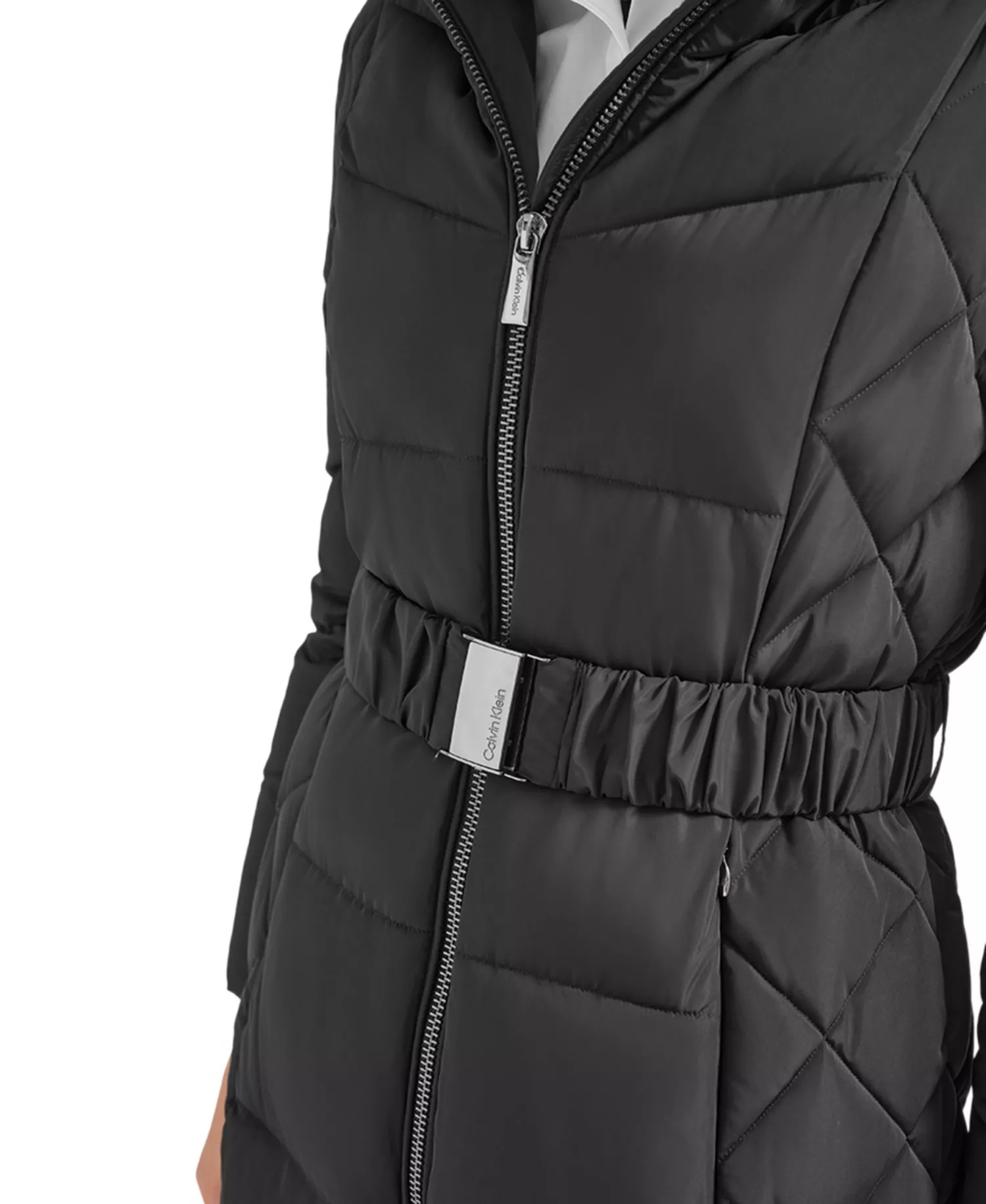 Women's Diamond Quilted Side Belted Hooded Puffer Coat - Black - XL