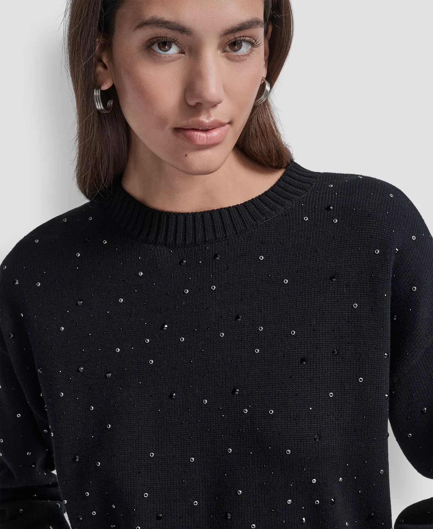 Women's Rhinestone Embellished Crewneck Sweater - Black - S