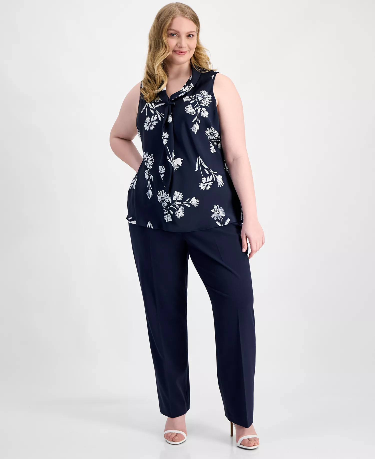 Plus Size Sailor Tie-Neck Sleeveless Blouse - Navy Ivory - 1X