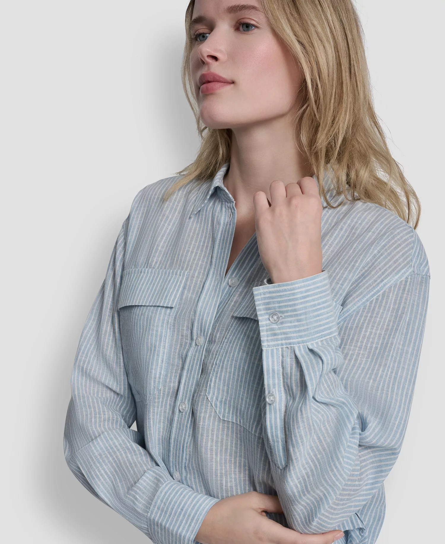 Women's Linen-Blend Cropped Long-Sleeve Shirt - Lex Chambray - L