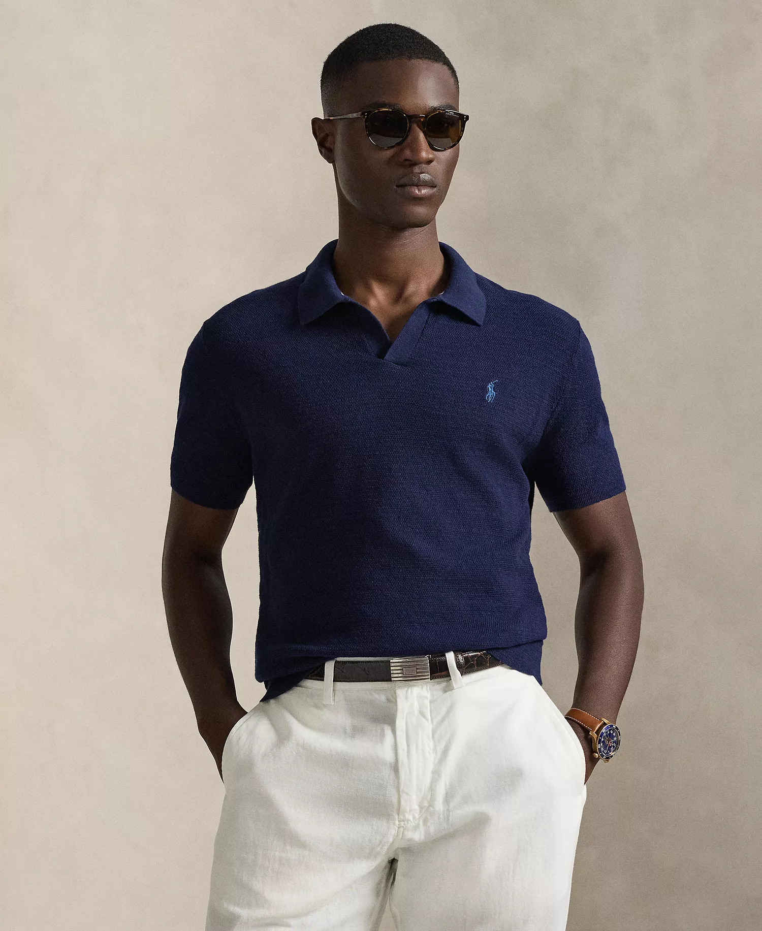 Men's Short-Sleeve Textured  Sweater Polo Shirt - Bright Navy - 2XL