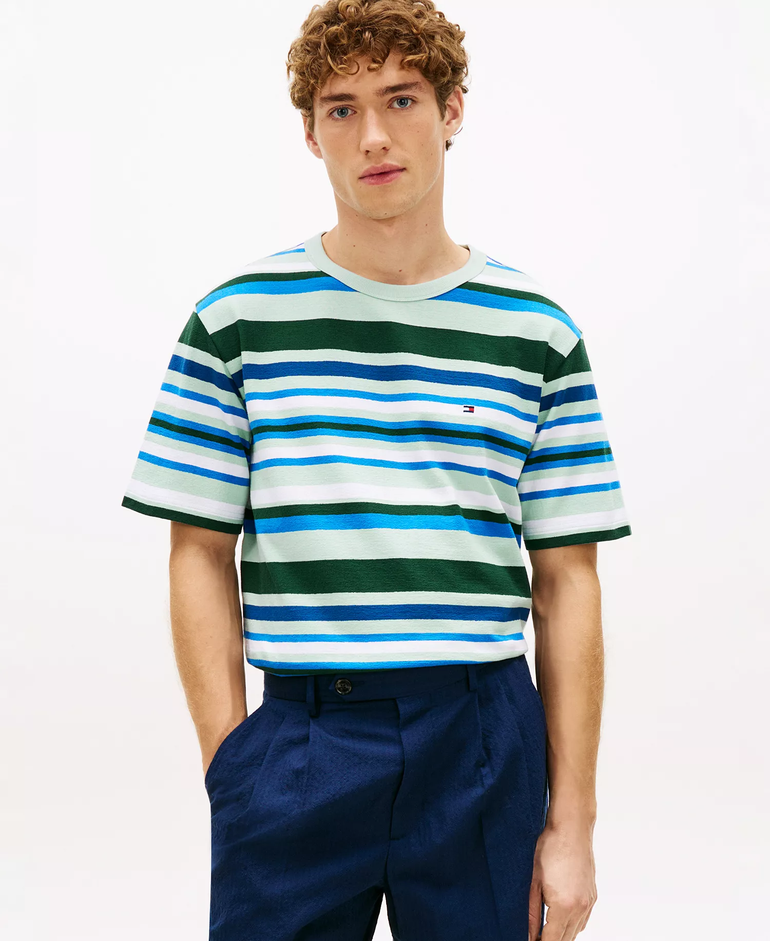 Men's Multi Stripe Crepe T-Shirt - Crushed Mint Multi Stripe - L