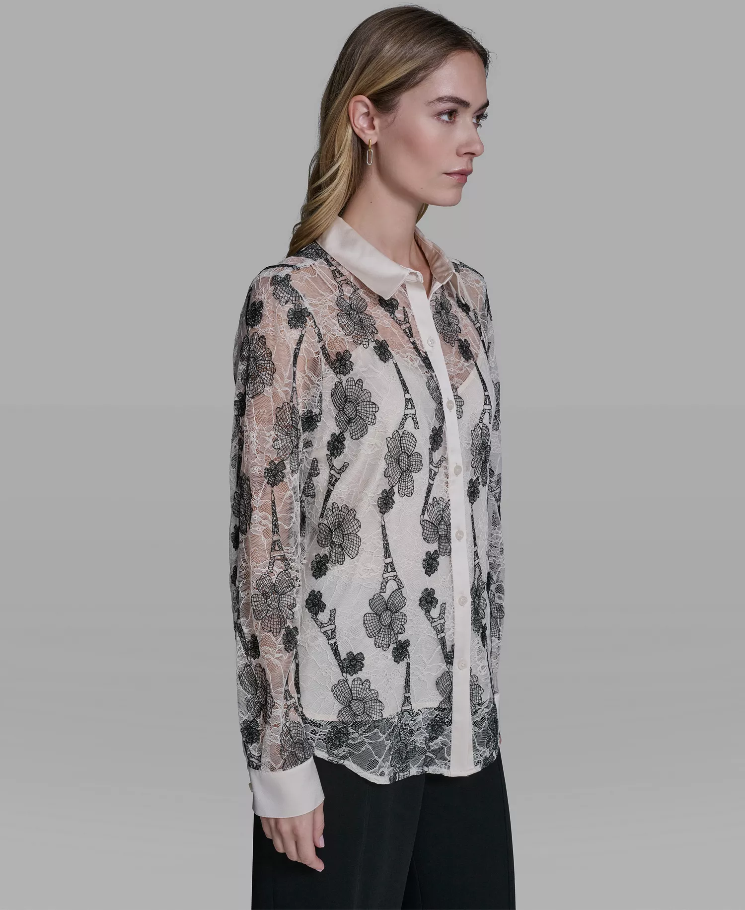 Women's Paris Lace Print Collared Top - Bisque/black - L