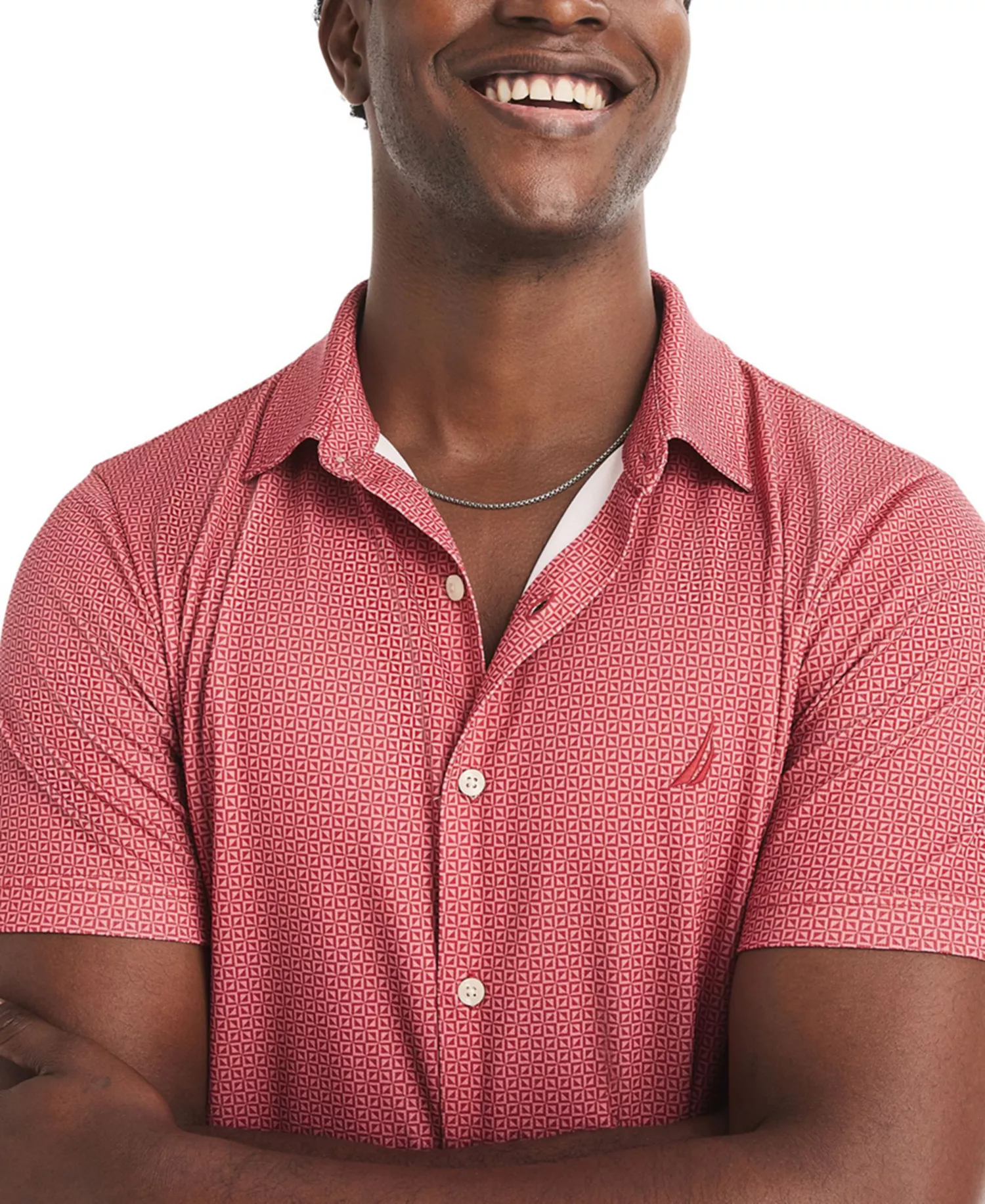 Men's Short-Sleeve Diamond Geo Camp-Collar Shirt - Ocean Garnet - L