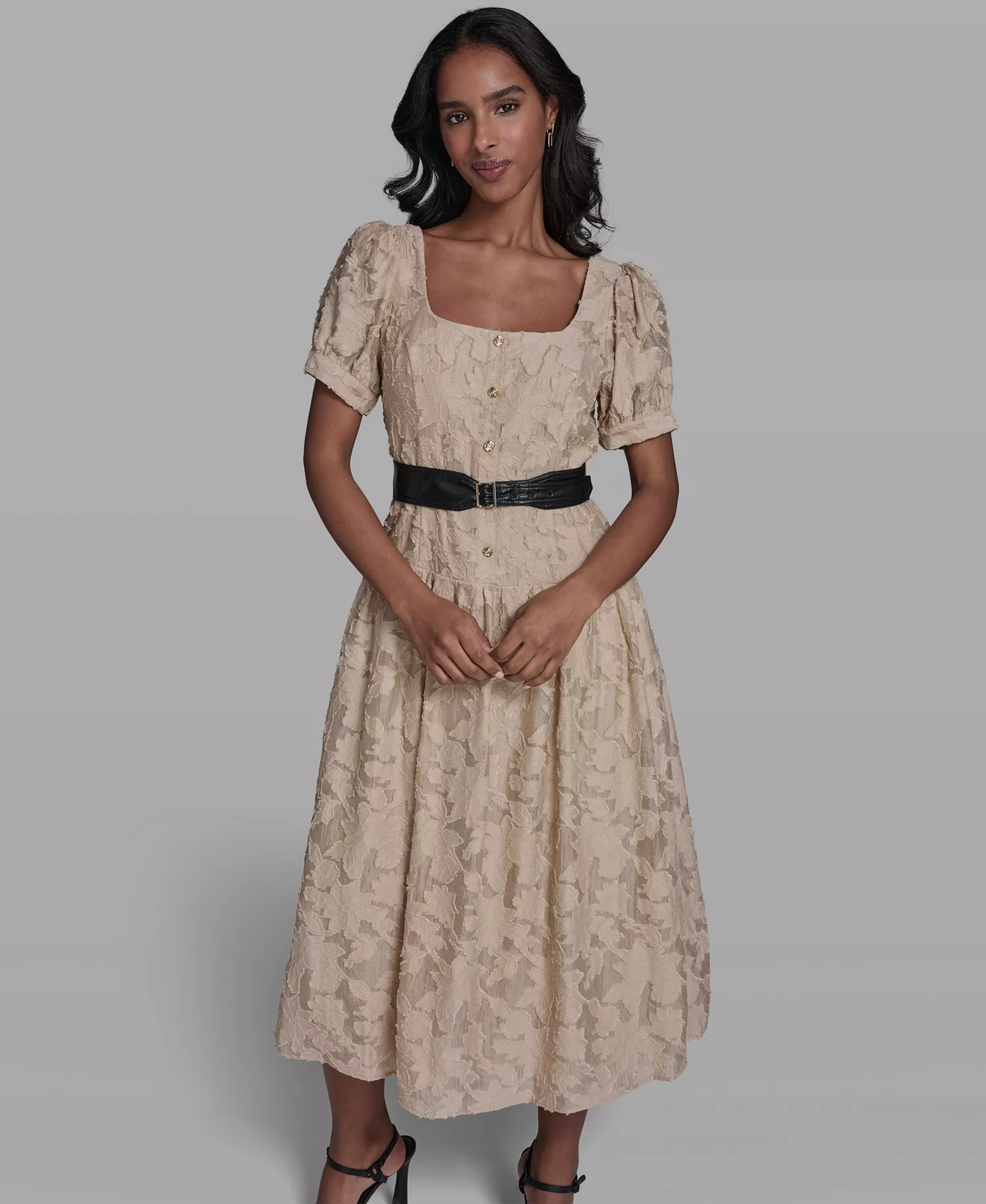 Women's Burnout Square Neck Belt Dress - French Beige - 0