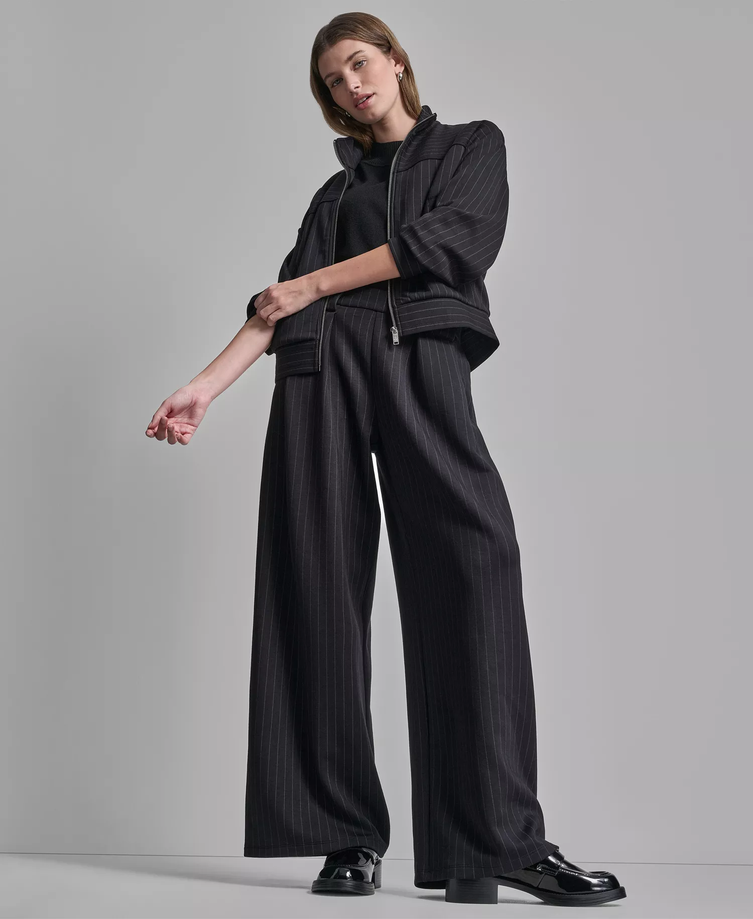Women's Full-Zip Pinstripe Track Jacket and Straight-Leg Pleated Pinstripe Pants - Black Pinstripe - L