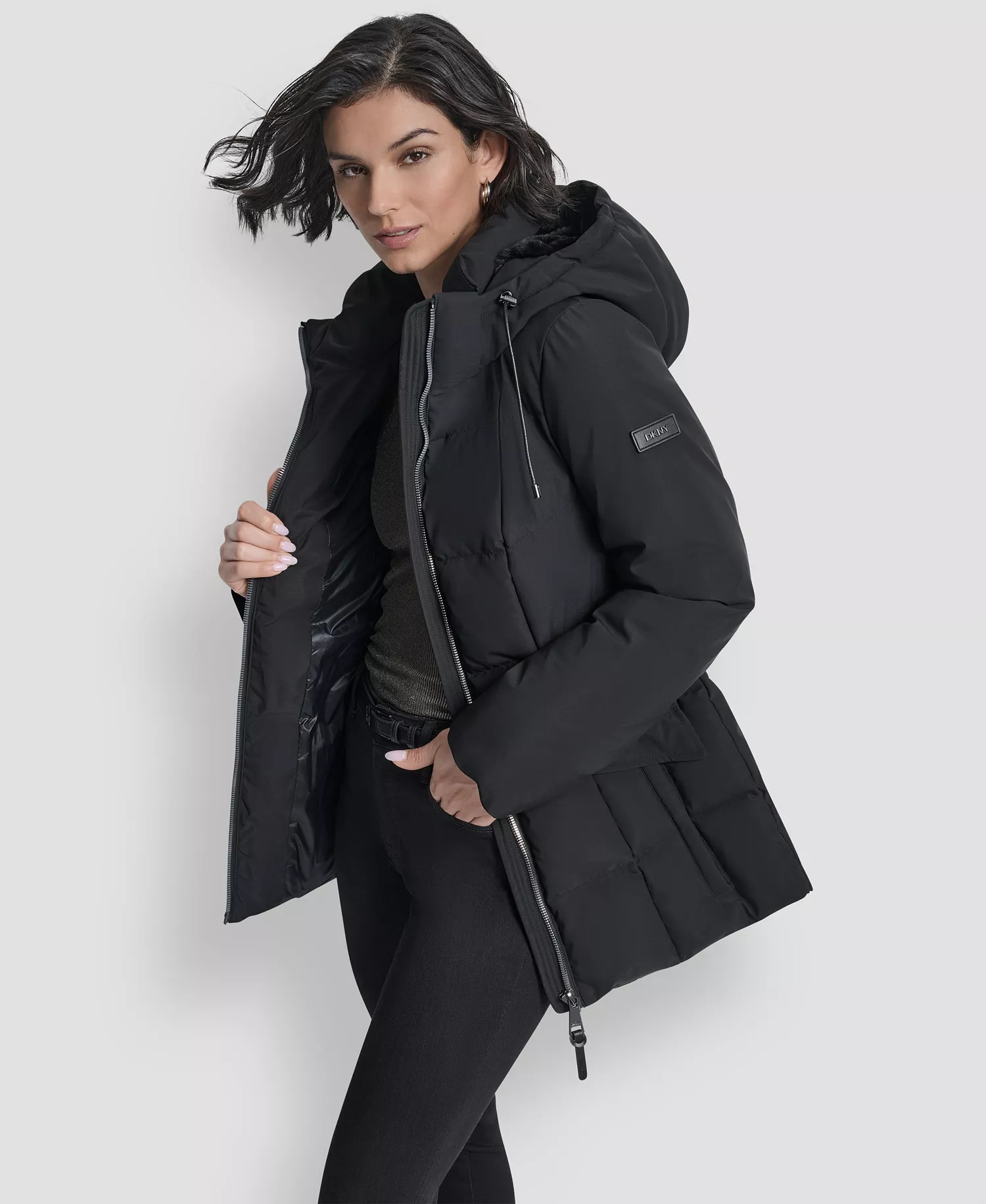 Women's Belted Hooded Puffer Coat - Black - L