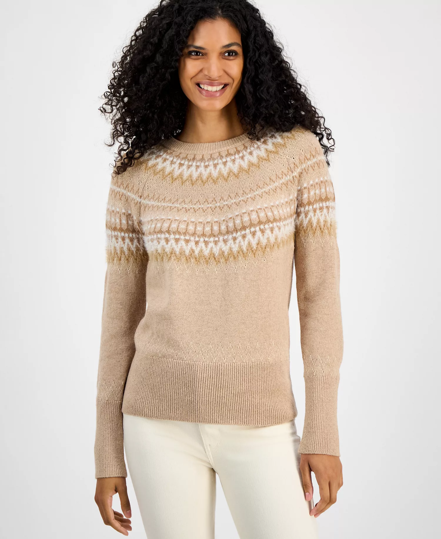 Women's Round-Neck Long-Sleeve Fair Isle Sweater  - Tan - L