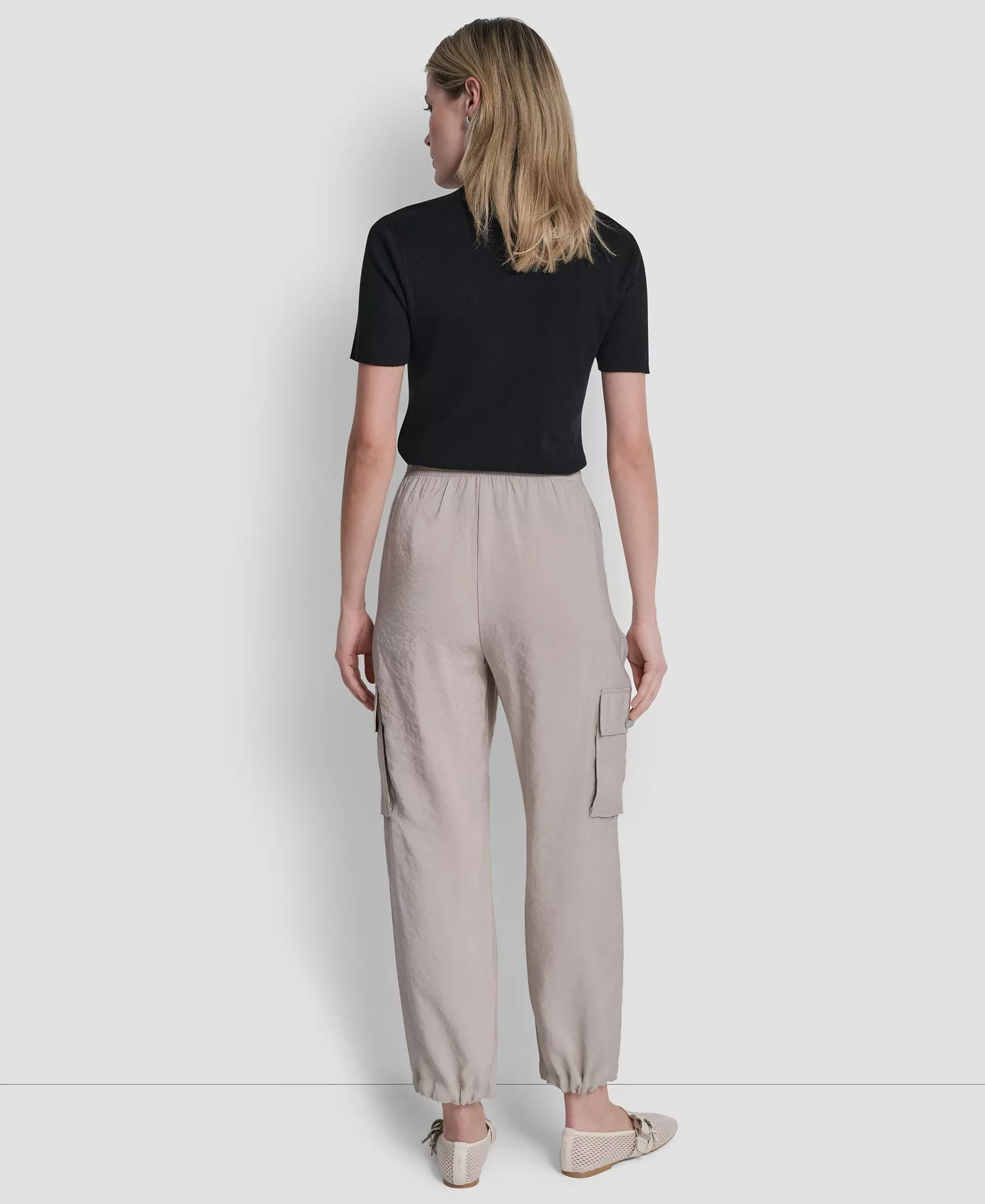 Women's Short-Sleeve Boxy 2-Layer Mesh Sweater and Tumbled Twill Cargo Pant - Pebble - L