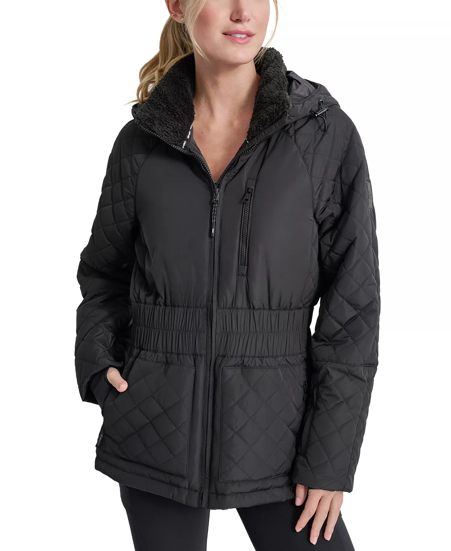 Women's Quilted Elastic-Waist Hooded Zipper Jacket - Black - L