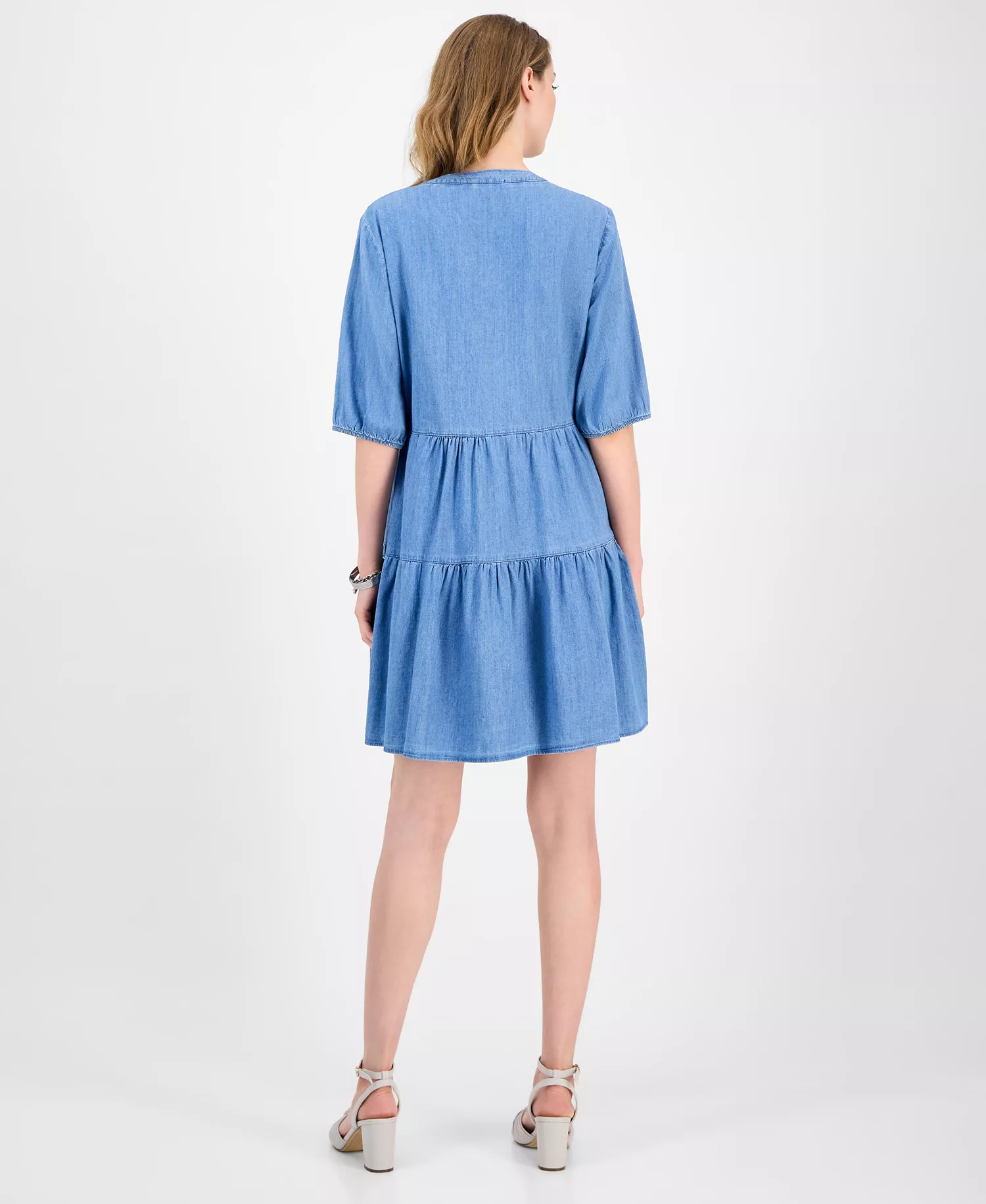 Women's V-Neck Tiered Chambray Dress - Lt Benson - XS
