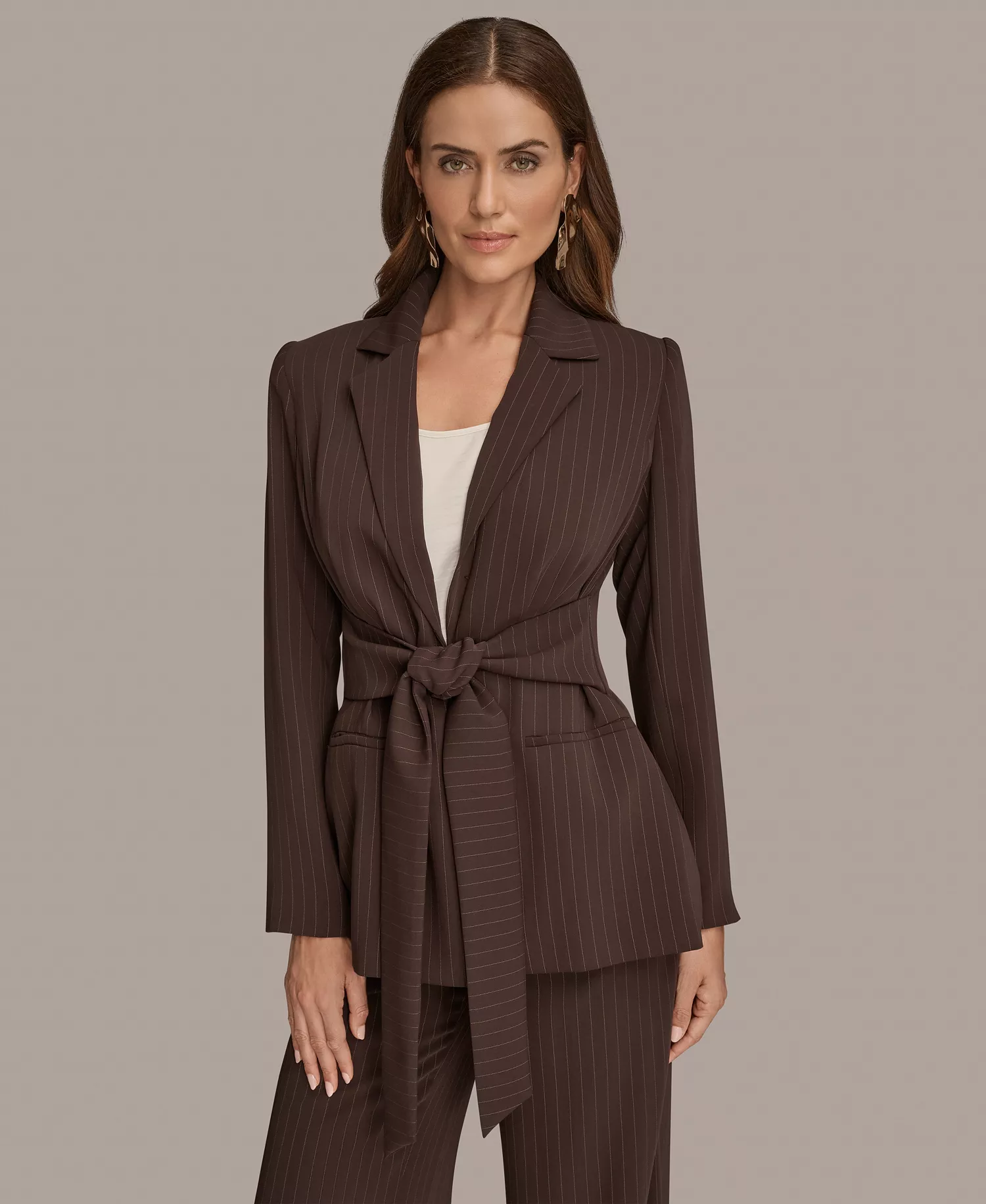 Women's Notch Lapel Collar Pinstripe Tie-Waist Jacket - Chocolate Plum/Nolita - 12