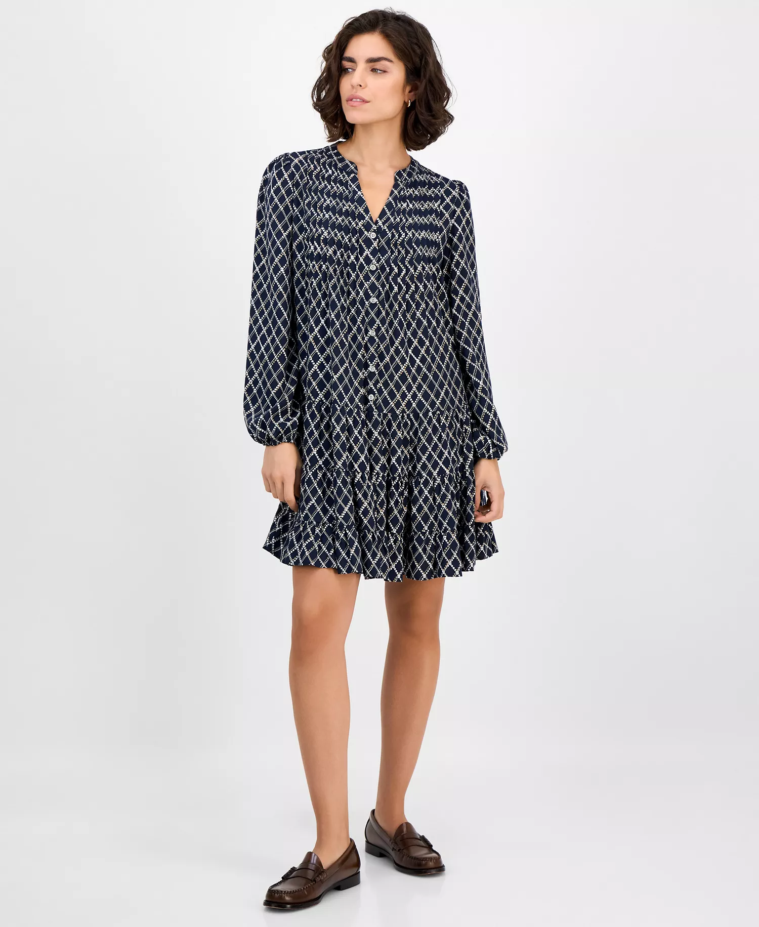 Nautica Women's Argyle Dot Tiered Dress - Night Sky Multi - L