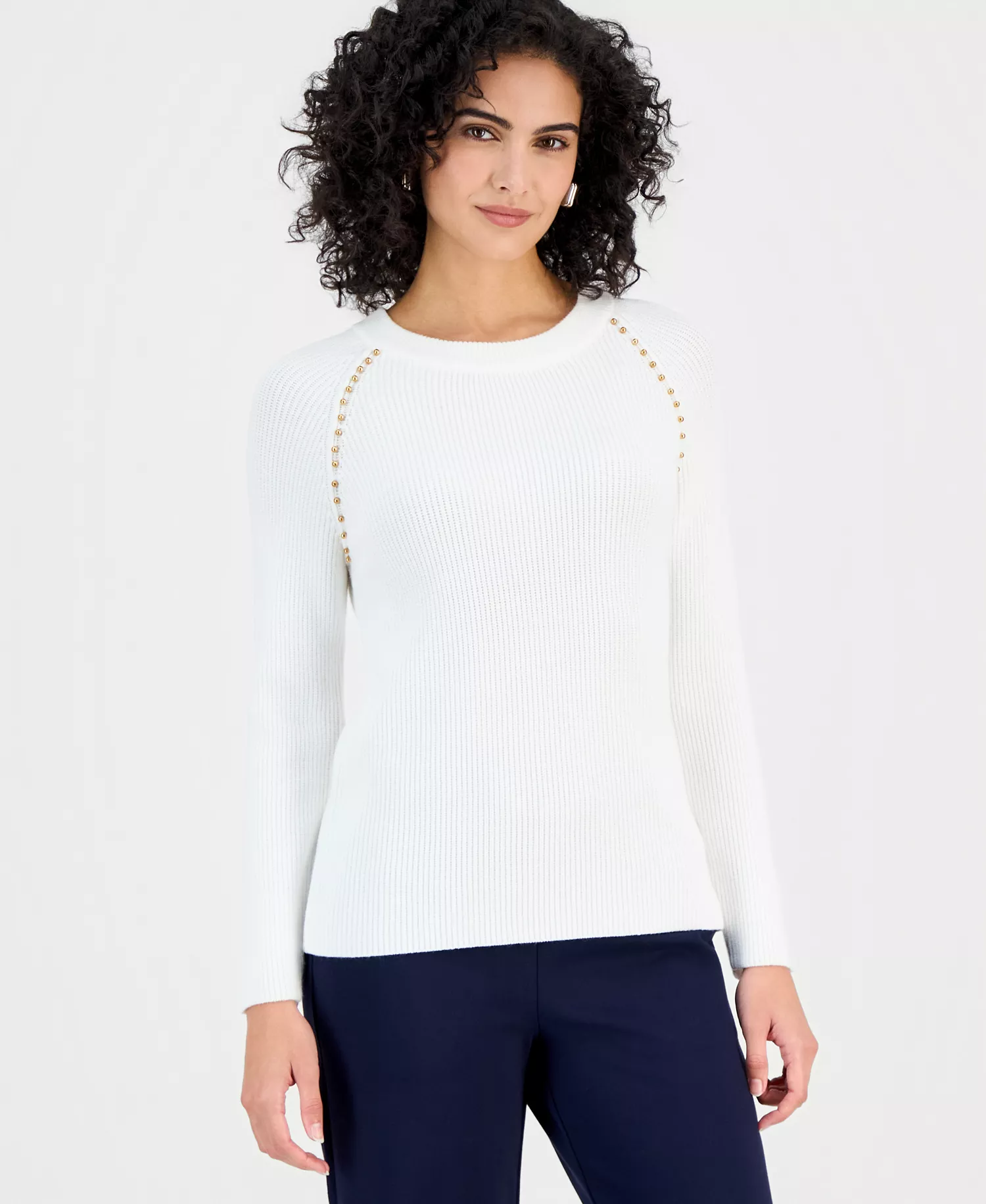 Women's Studded Crewneck Sweater - White Star - L