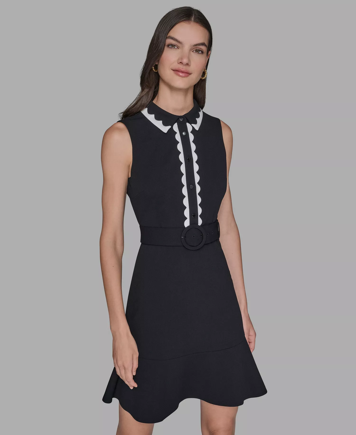 Women's Belted Collared A-Line Dress - Blk/sft Wt - 10