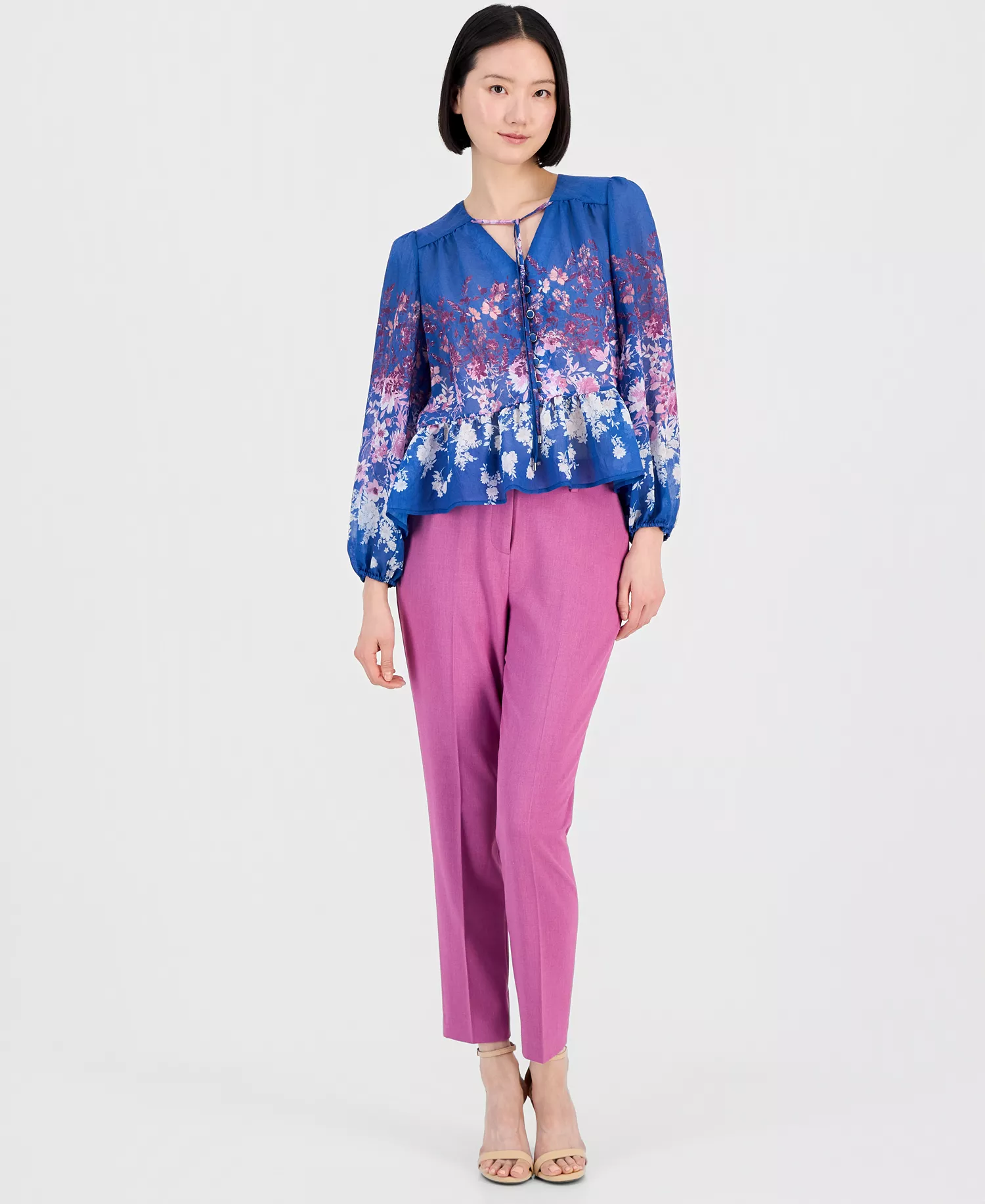 Women's Floral Blouson-Sleeve Peplum Top - Blue Pink White - L