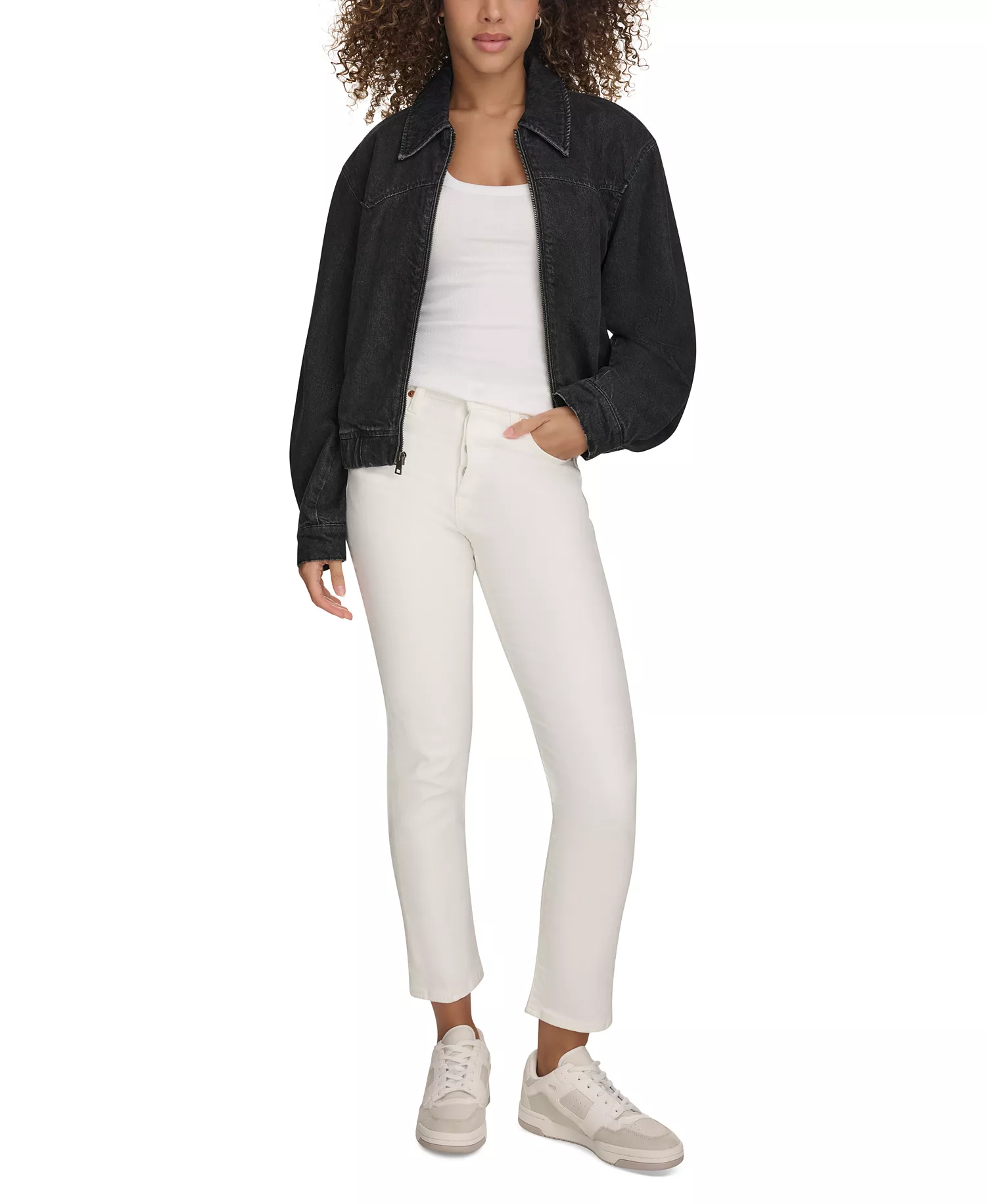 Women's Western Zip-Front Denim Bomber Jacket - Black Wash Denim - L