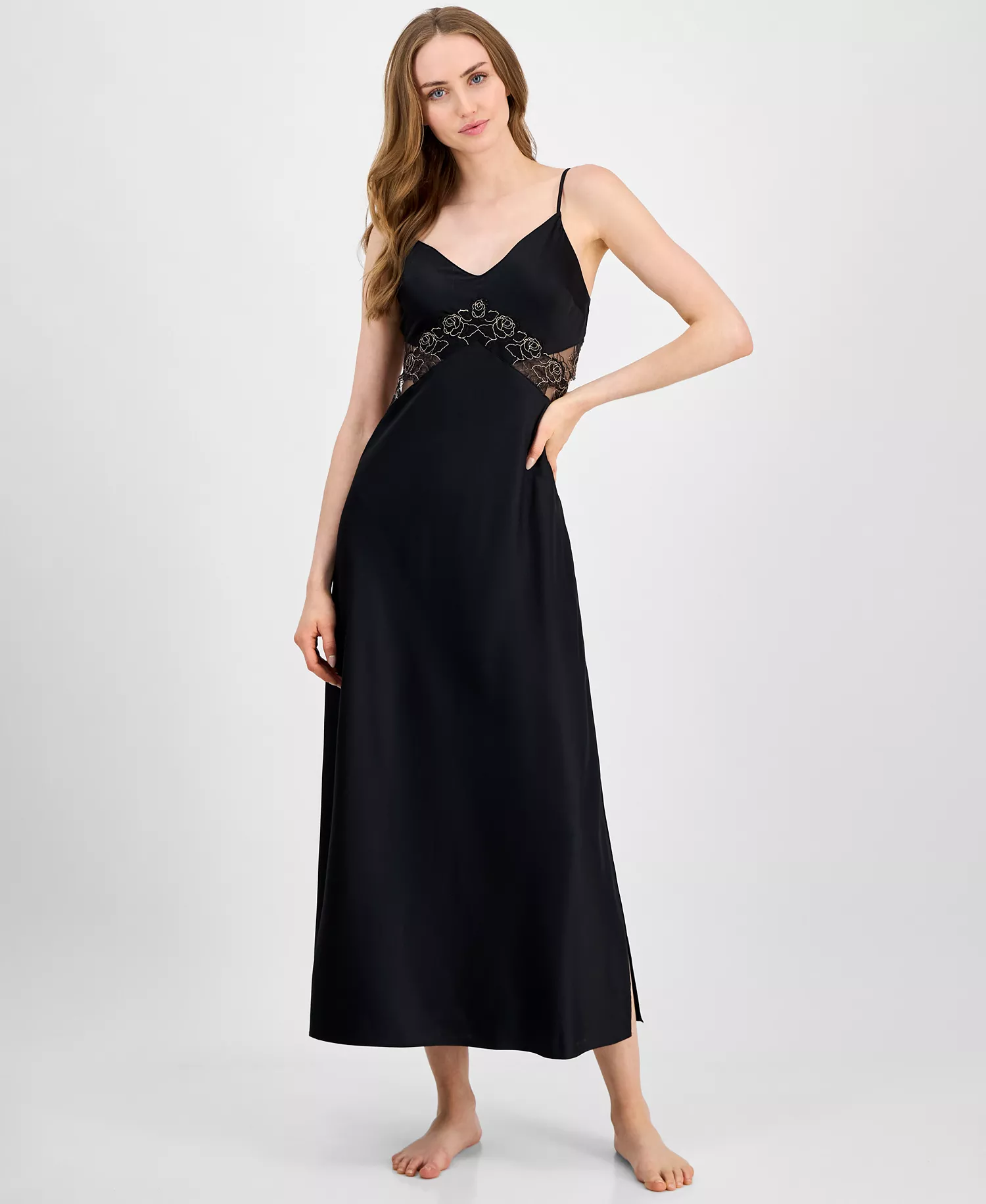 I.N.C International Concepts Women's Lace-Trim Satin Nightgown, Macy's Exclusive - Black - M