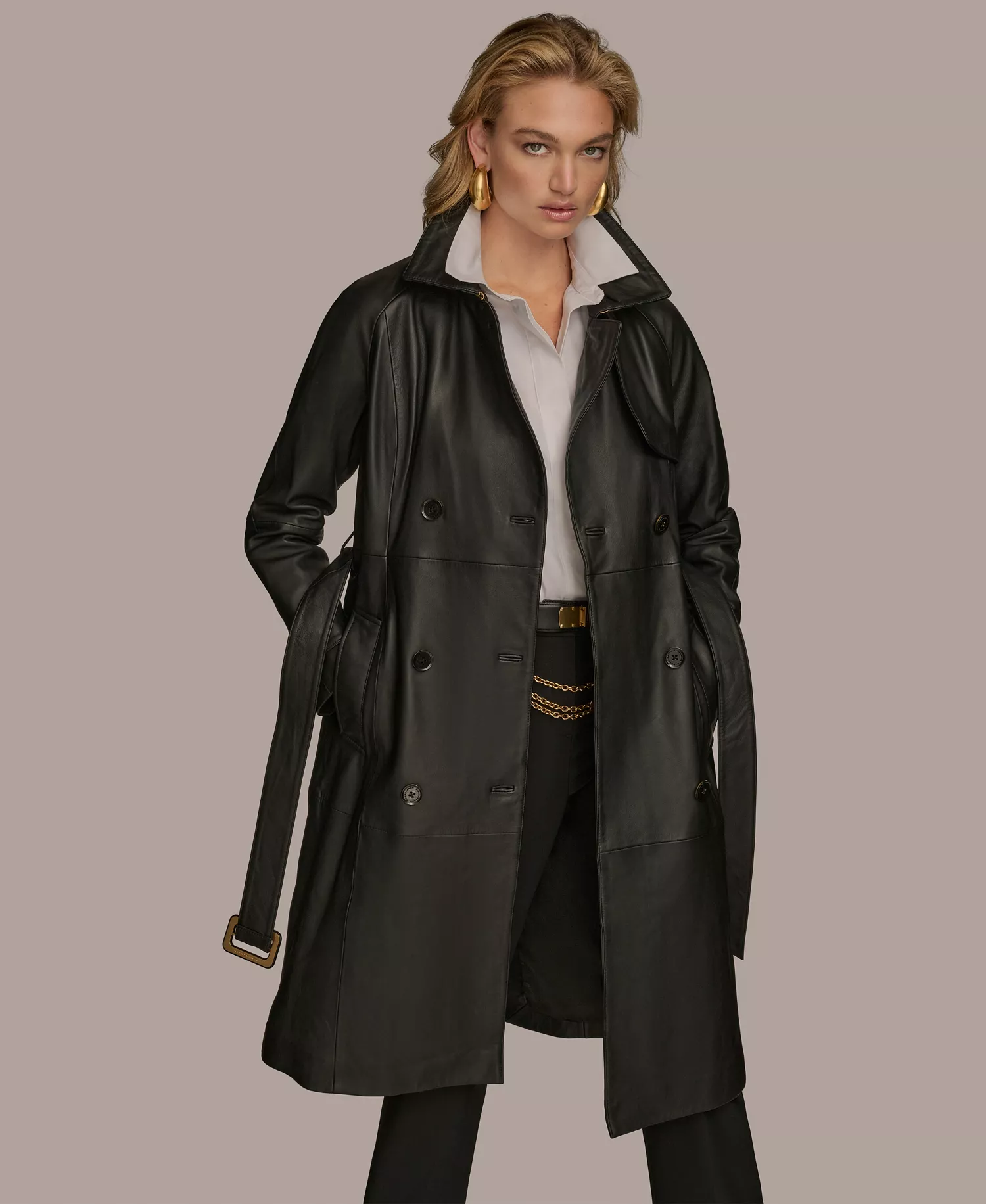 Women's Belted Leather Trench Coat - Black - L