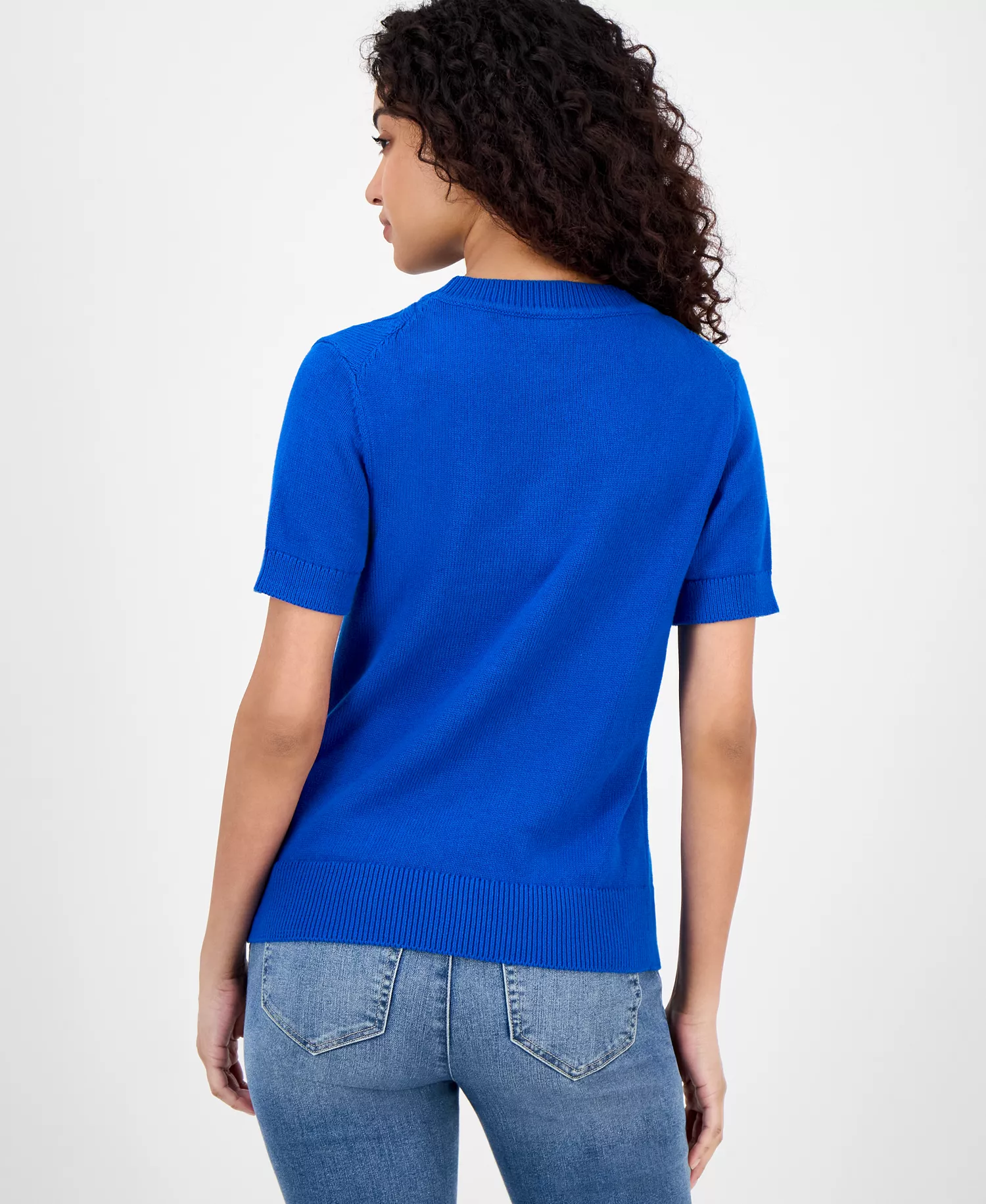 Nautica Women's Cotton Cable-Knit Short-Sleeve Sweater - Cerulean - L