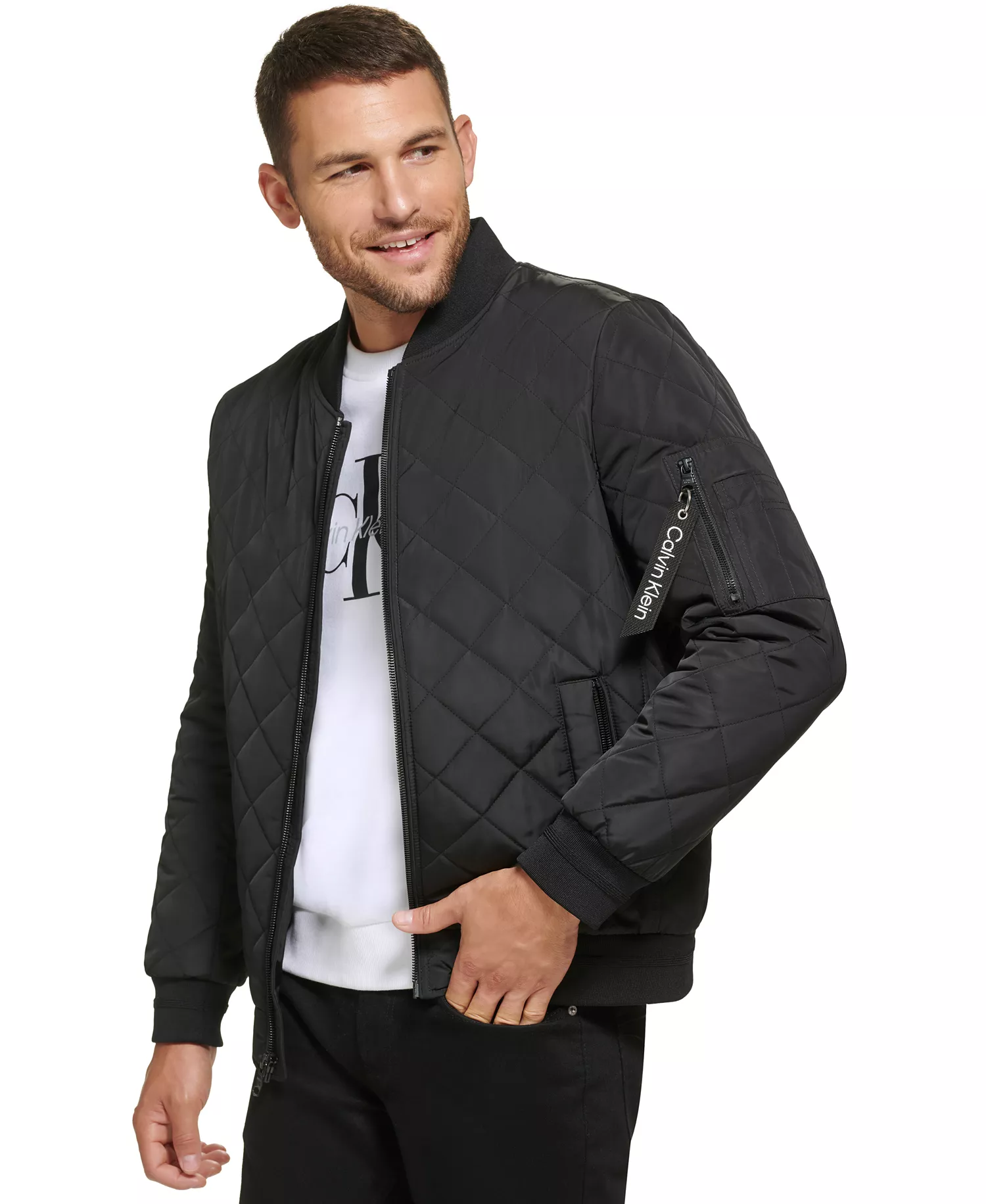 Men's Quilted Baseball Jacket with Rib-Knit Trim - Black - 2XL